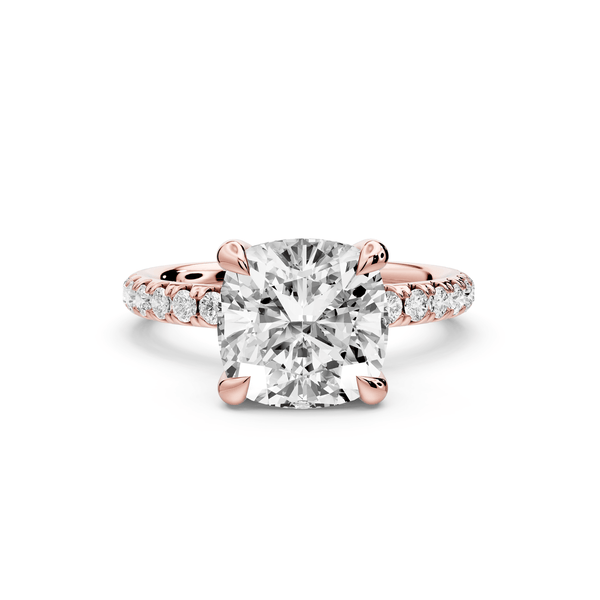 Elissa - 3ct 14k rose gold Cushion Classic Solitaire Engagement Ring with Shared-Prong Pavé Band - Mr. Alex Jewelry