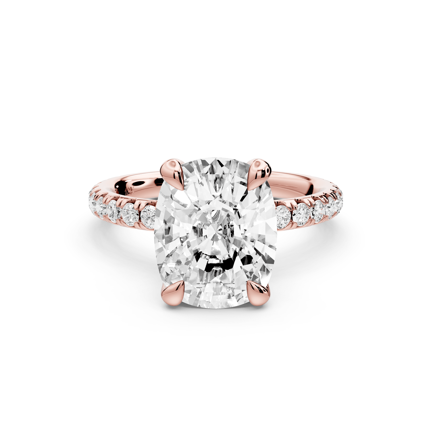 Elissa - 3ct 14k rose gold Ecushion Classic Solitaire Engagement Ring with Shared-Prong Pavé Band - Mr. Alex Jewelry
