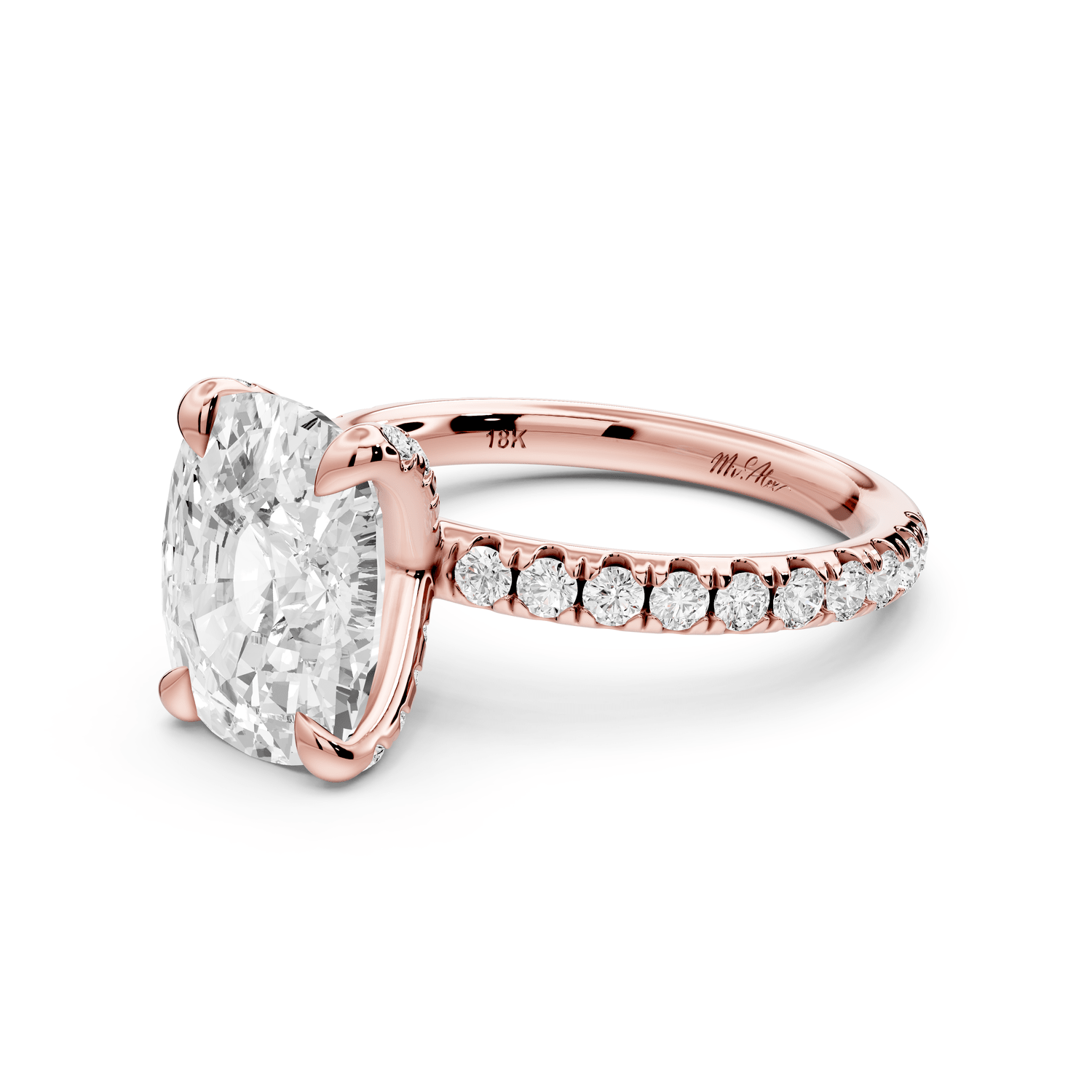 Elissa - 3ct 14k rose gold Ecushion Classic Solitaire Engagement Ring with Shared-Prong Pavé Band - Mr. Alex Jewelry