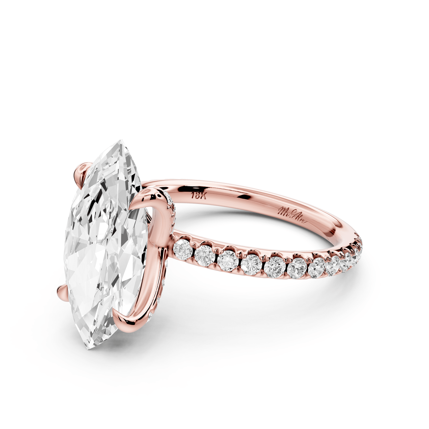 Elissa - 3ct 14k rose gold Marquise Classic Solitaire Engagement Ring with Shared-Prong Pavé Band - Mr. Alex Jewelry