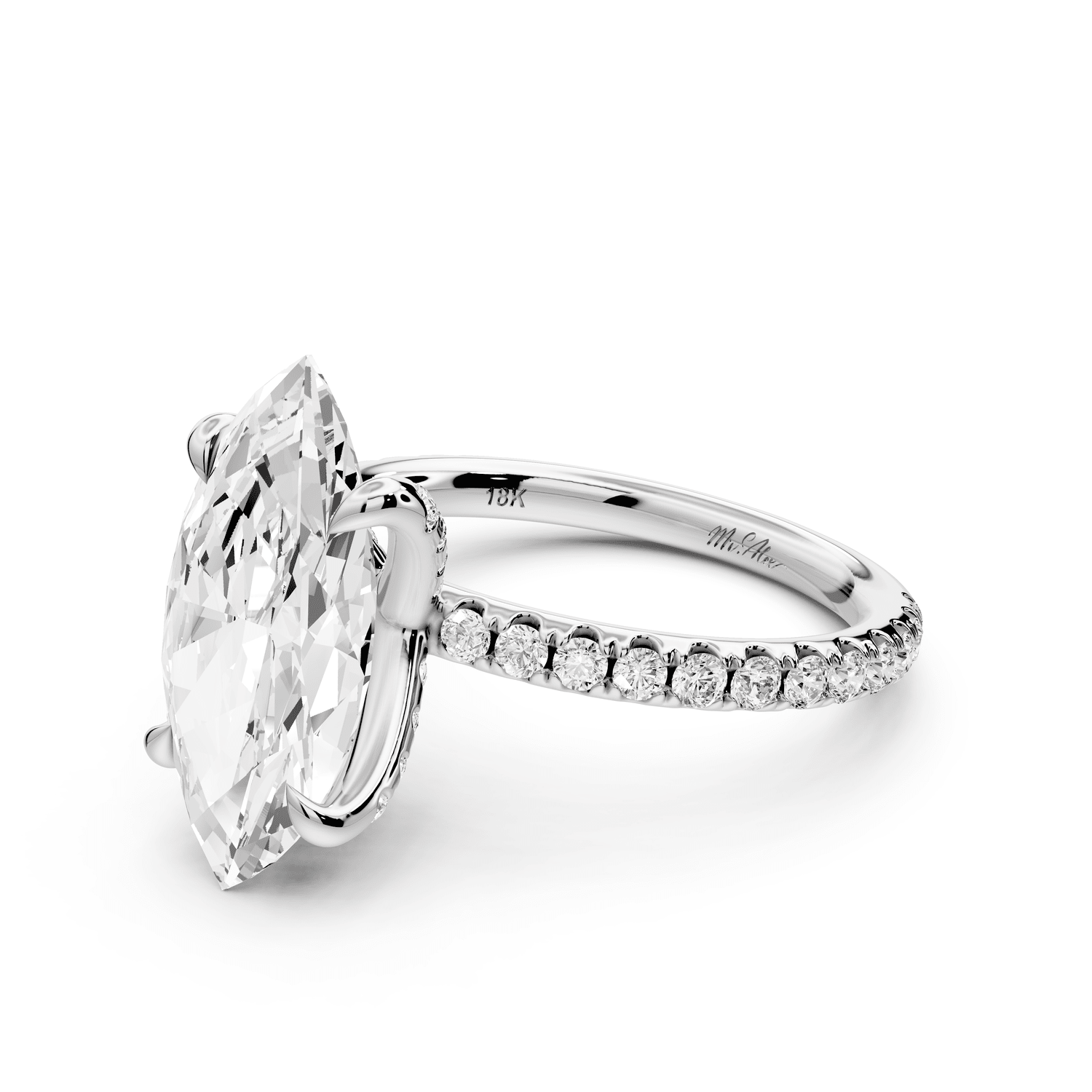 Elissa - 3ct 14k white gold Marquise Classic Solitaire Engagement Ring with Shared-Prong Pavé Band - Mr. Alex Jewelry