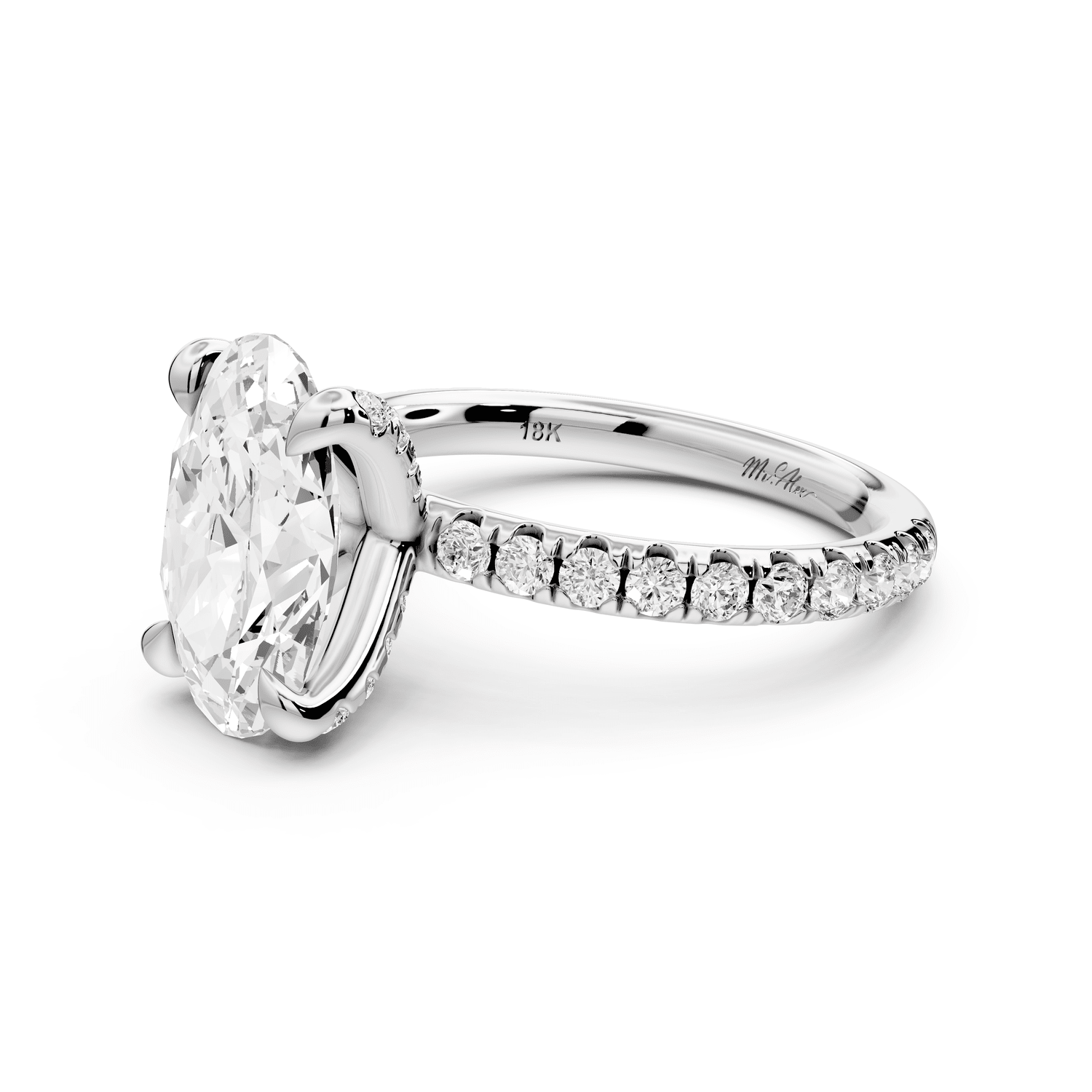 Elissa - 3ct 14k white gold Oval Classic Solitaire Engagement Ring with Shared-Prong Pavé Band - Mr. Alex Jewelry
