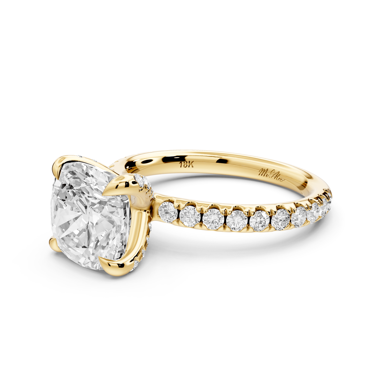 Elissa - 3ct 14k yellow gold Cushion Classic Solitaire Engagement Ring with Shared-Prong Pavé Band - Mr. Alex Jewelry