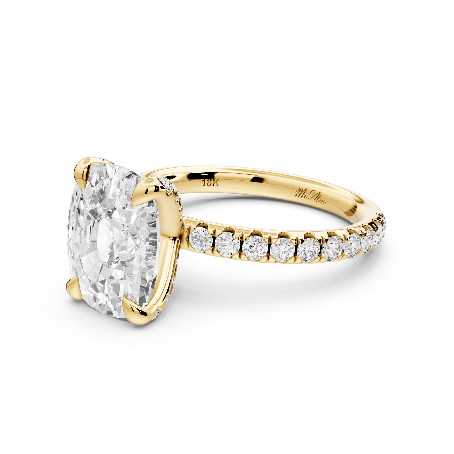 Elissa - 3ct 14k yellow gold Ecushion Classic Solitaire Engagement Ring with Shared-Prong Pavé Band - Mr. Alex Jewelry