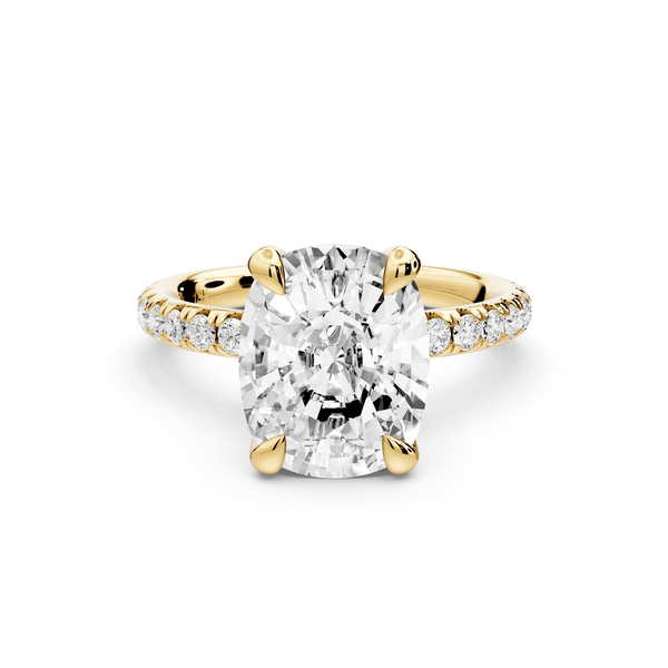 Elissa - 3ct 14k yellow gold Ecushion Classic Solitaire Engagement Ring with Shared-Prong Pavé Band - Mr. Alex Jewelry