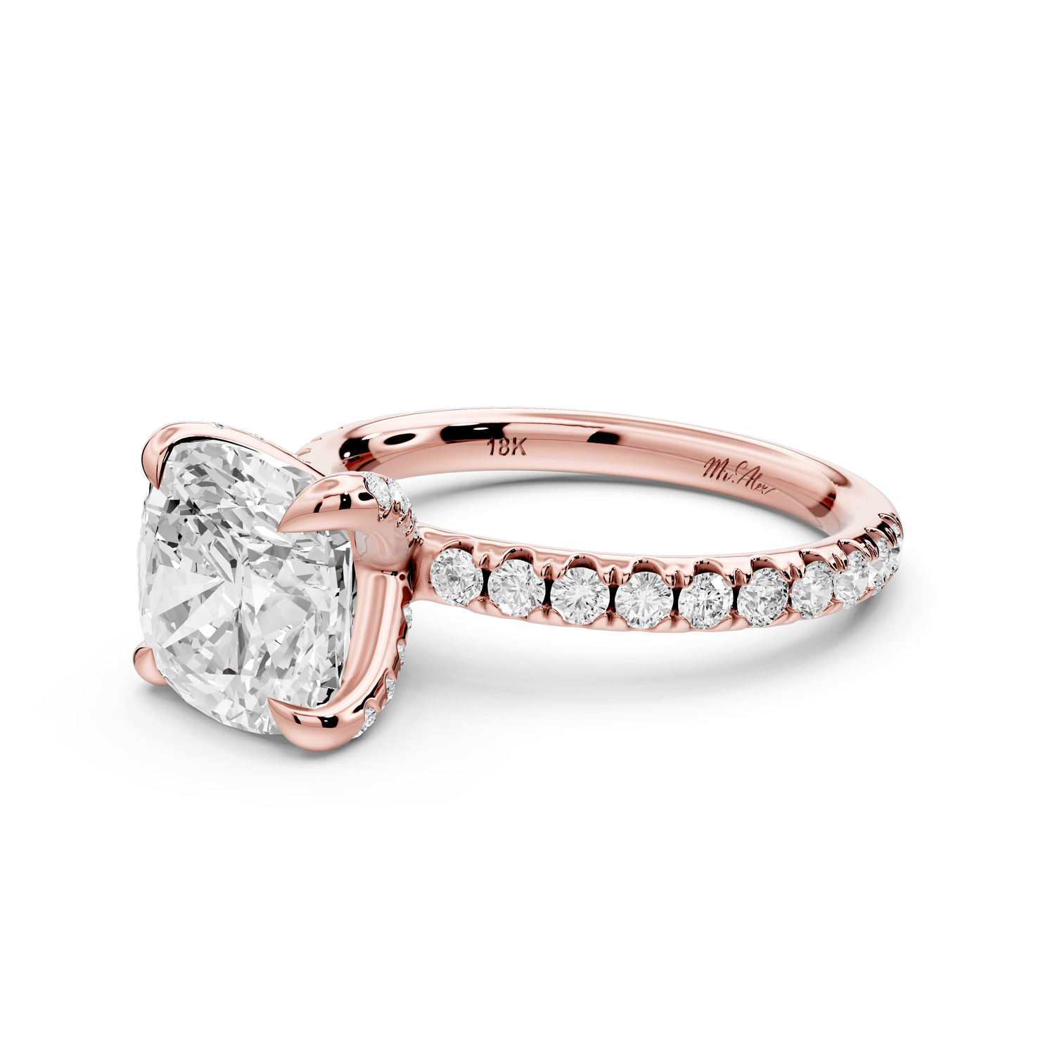Elissa - 3ct 18k rose gold Cushion Classic Solitaire Engagement Ring with Shared-Prong Pavé Band - Mr. Alex Jewelry