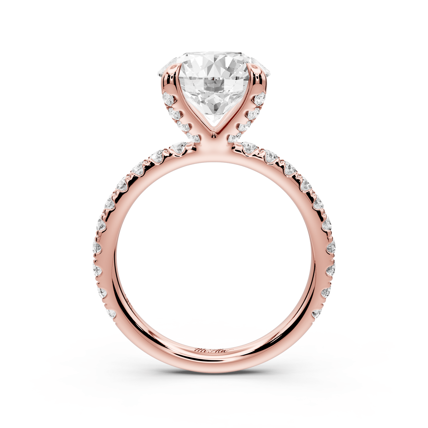 Elissa - 3ct 18k rose gold Round Classic Solitaire Engagement Ring with Shared-Prong Pavé Band - Mr. Alex Jewelry
