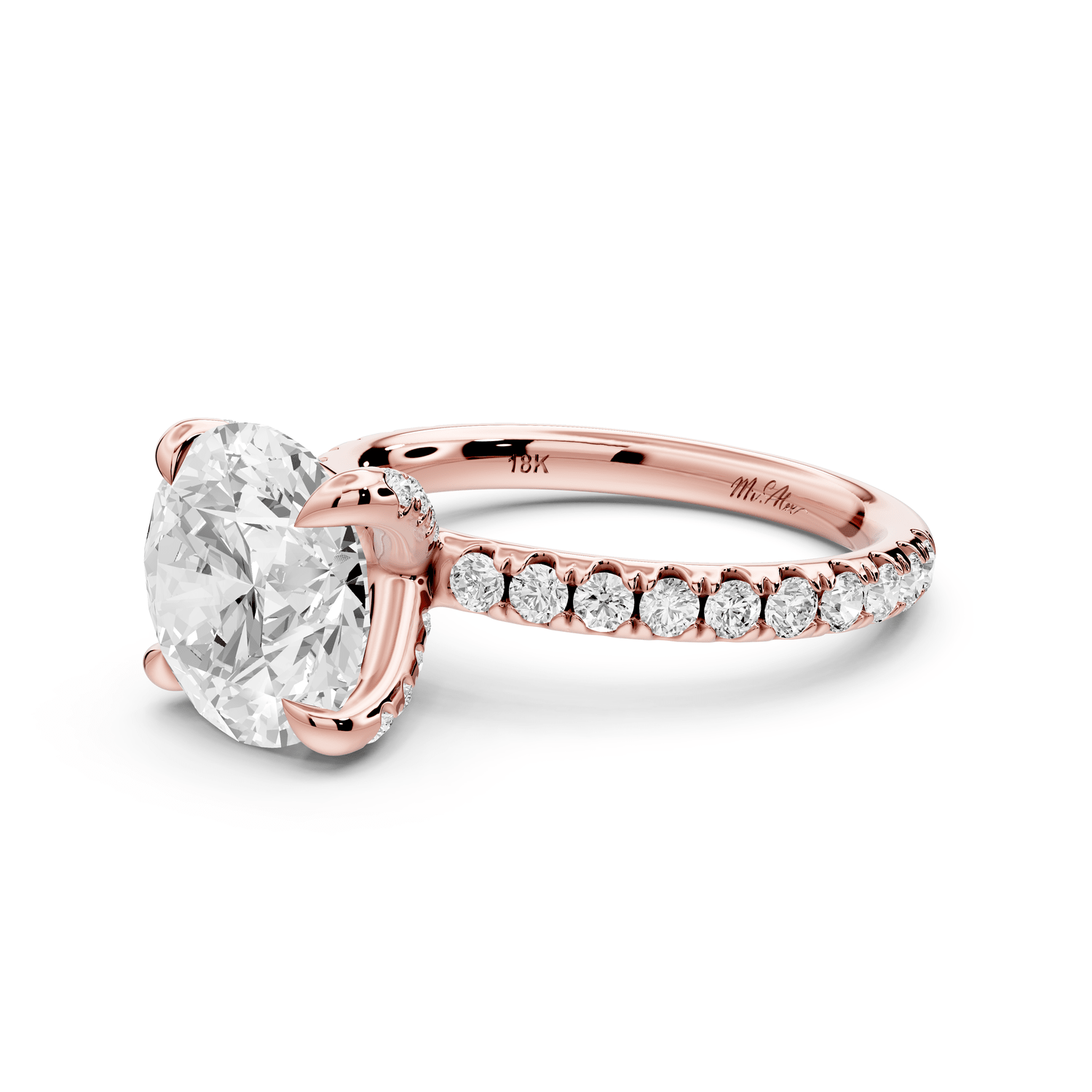 Elissa - 3ct 18k rose gold Round Classic Solitaire Engagement Ring with Shared-Prong Pavé Band - Mr. Alex Jewelry