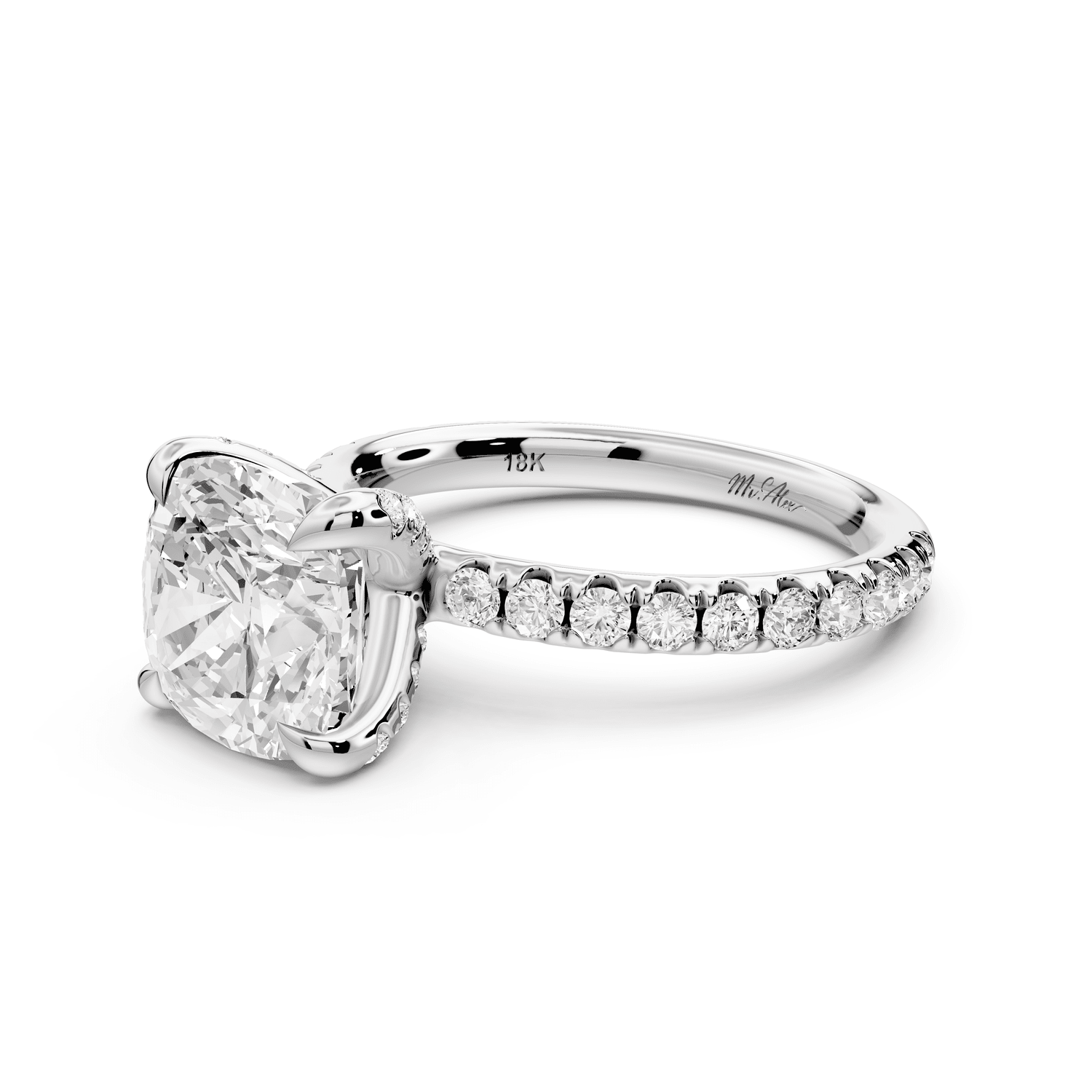 Elissa - 3ct 18k white gold Cushion Classic Solitaire Engagement Ring with Shared-Prong Pavé Band - Mr. Alex Jewelry