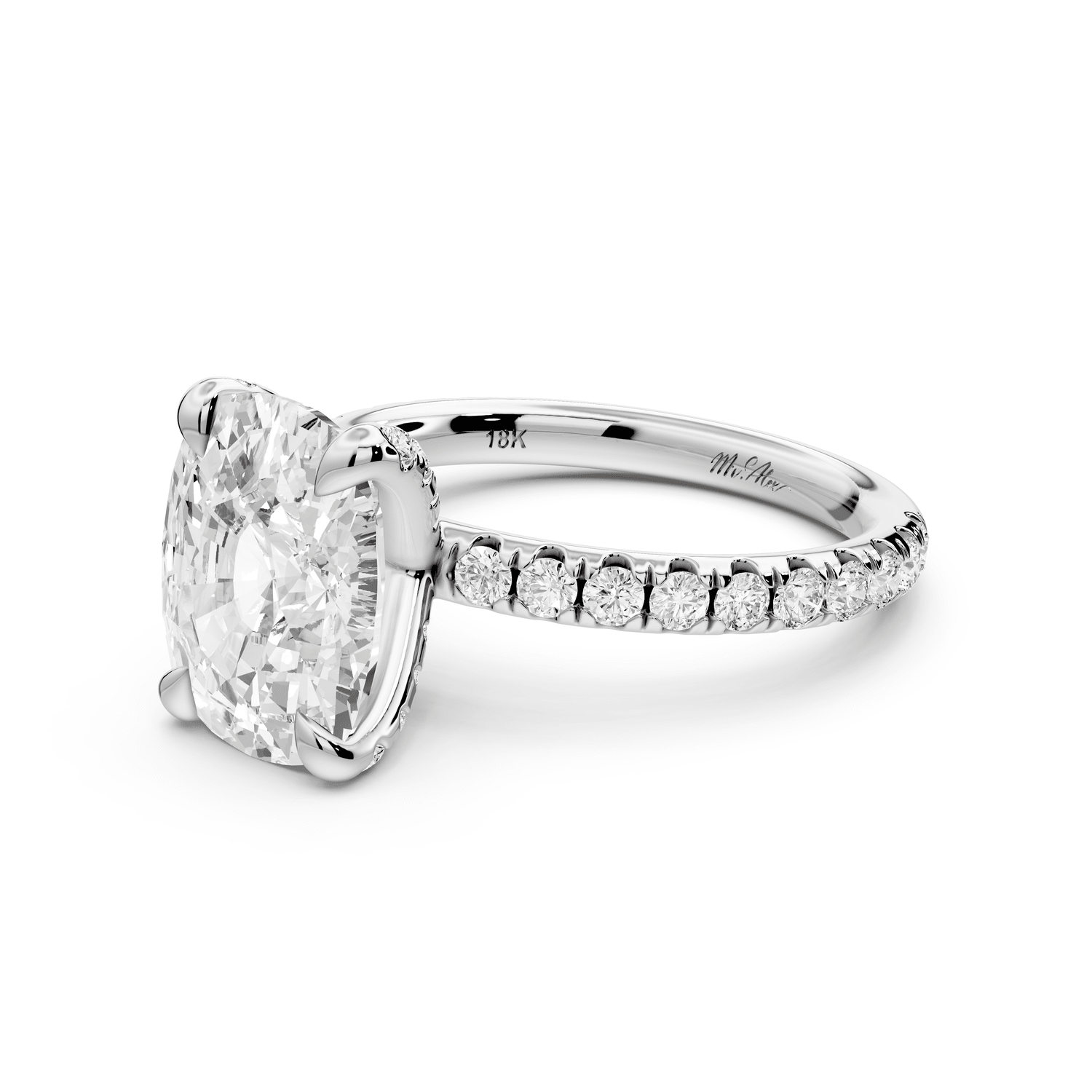 Elissa - 3ct 18k white gold Ecushion Classic Solitaire Engagement Ring with Shared-Prong Pavé Band - Mr. Alex Jewelry