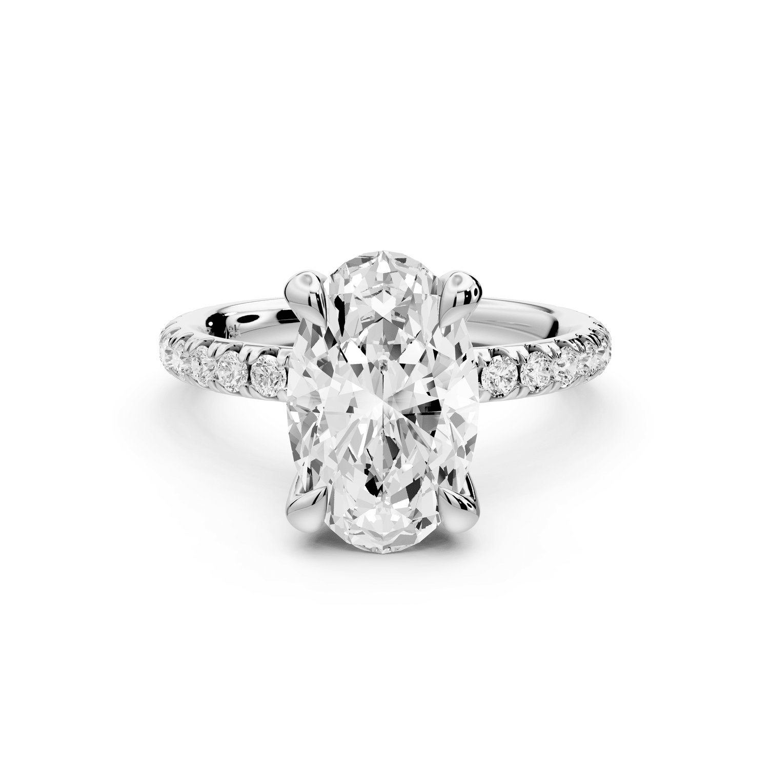 Elissa - 3ct 18k white gold Oval Classic Solitaire Engagement Ring with Shared-Prong Pavé Band - Mr. Alex Jewelry