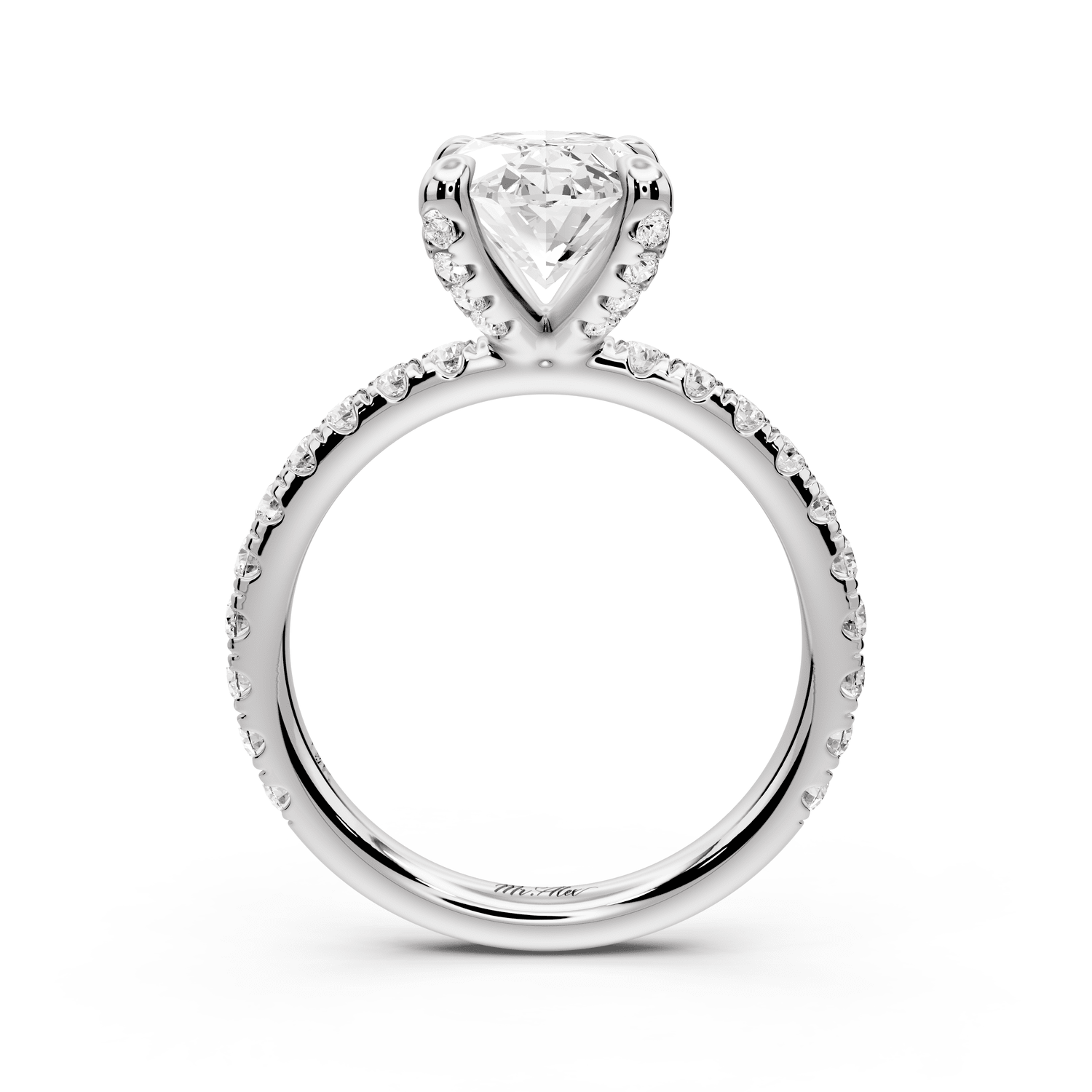 Elissa - 3ct 18k white gold Oval Classic Solitaire Engagement Ring with Shared-Prong Pavé Band - Mr. Alex Jewelry