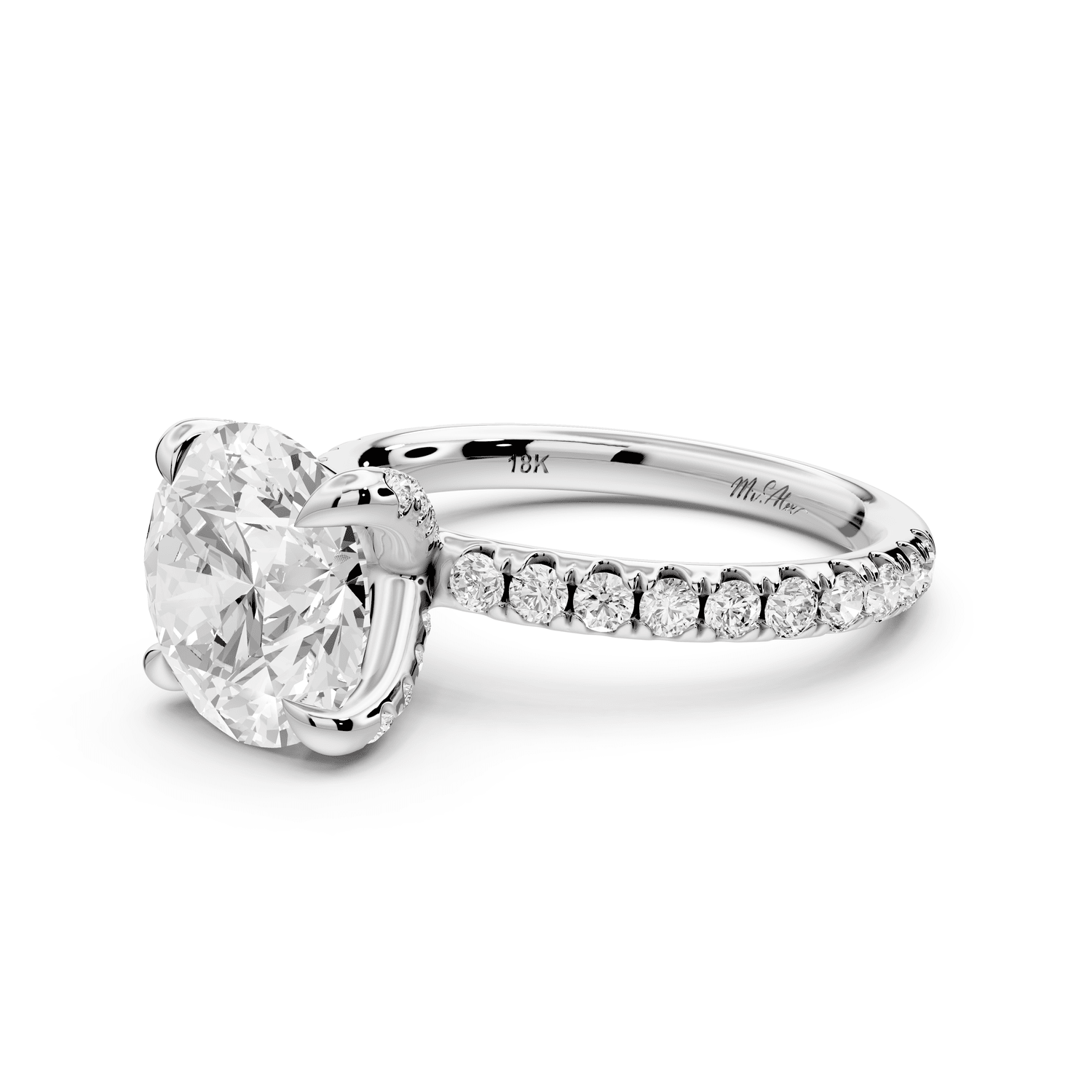 Elissa - 3ct 18k white gold Round Classic Solitaire Engagement Ring with Shared-Prong Pavé Band - Mr. Alex Jewelry