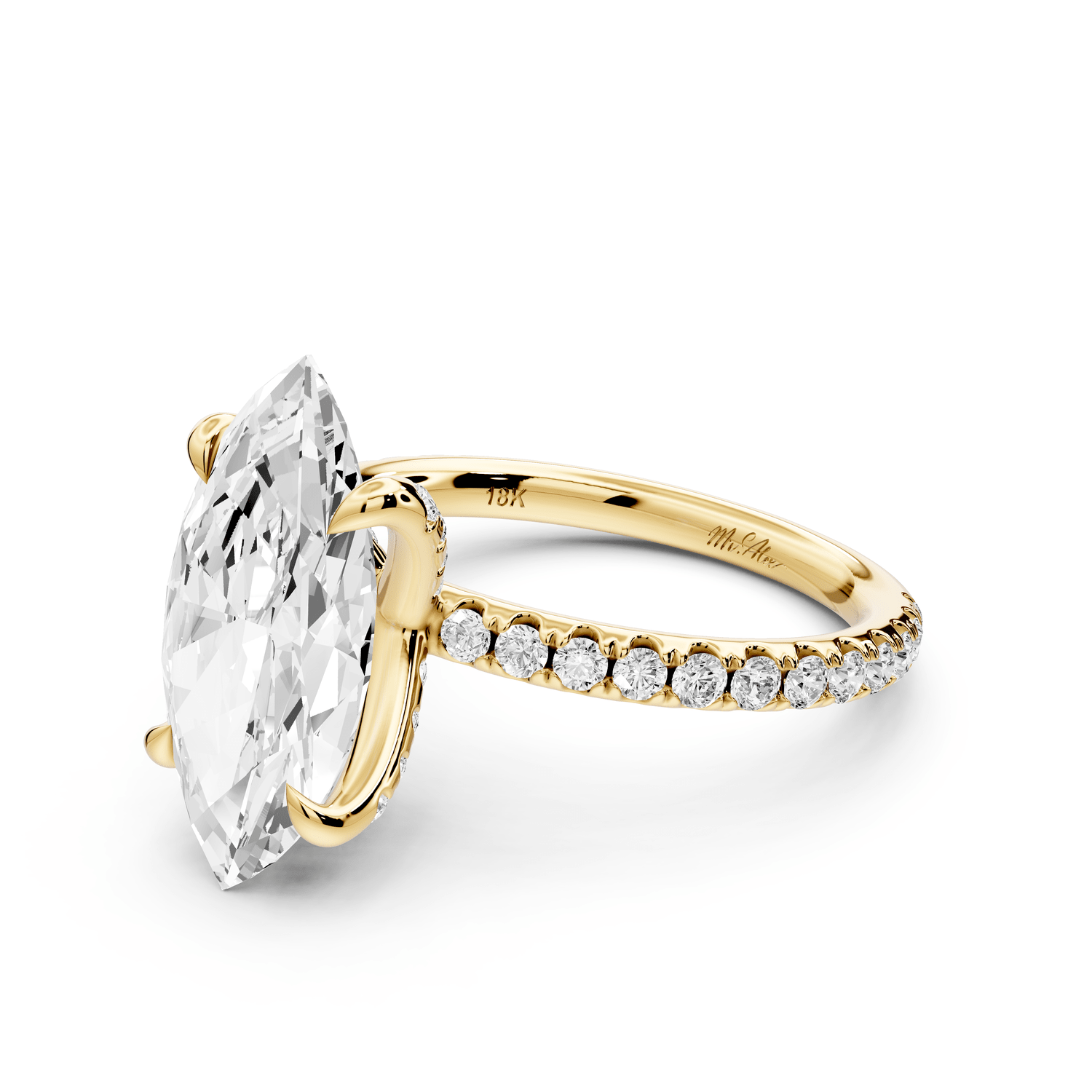 Elissa - 3ct 18k yellow gold Marquise Classic Solitaire Engagement Ring with Shared-Prong Pavé Band - Mr. Alex Jewelry