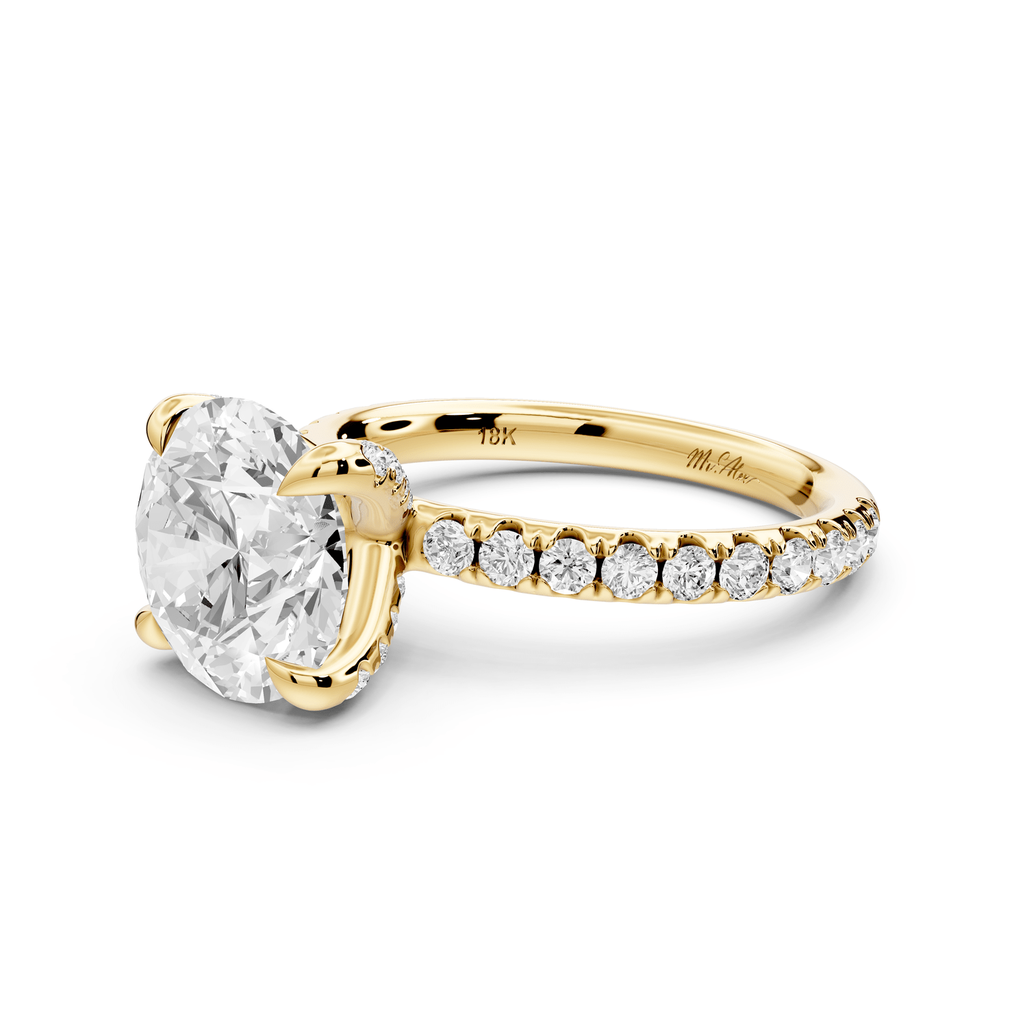 Elissa - 3ct 18k yellow gold Round Classic Solitaire Engagement Ring with Shared-Prong Pavé Band - Mr. Alex Jewelry