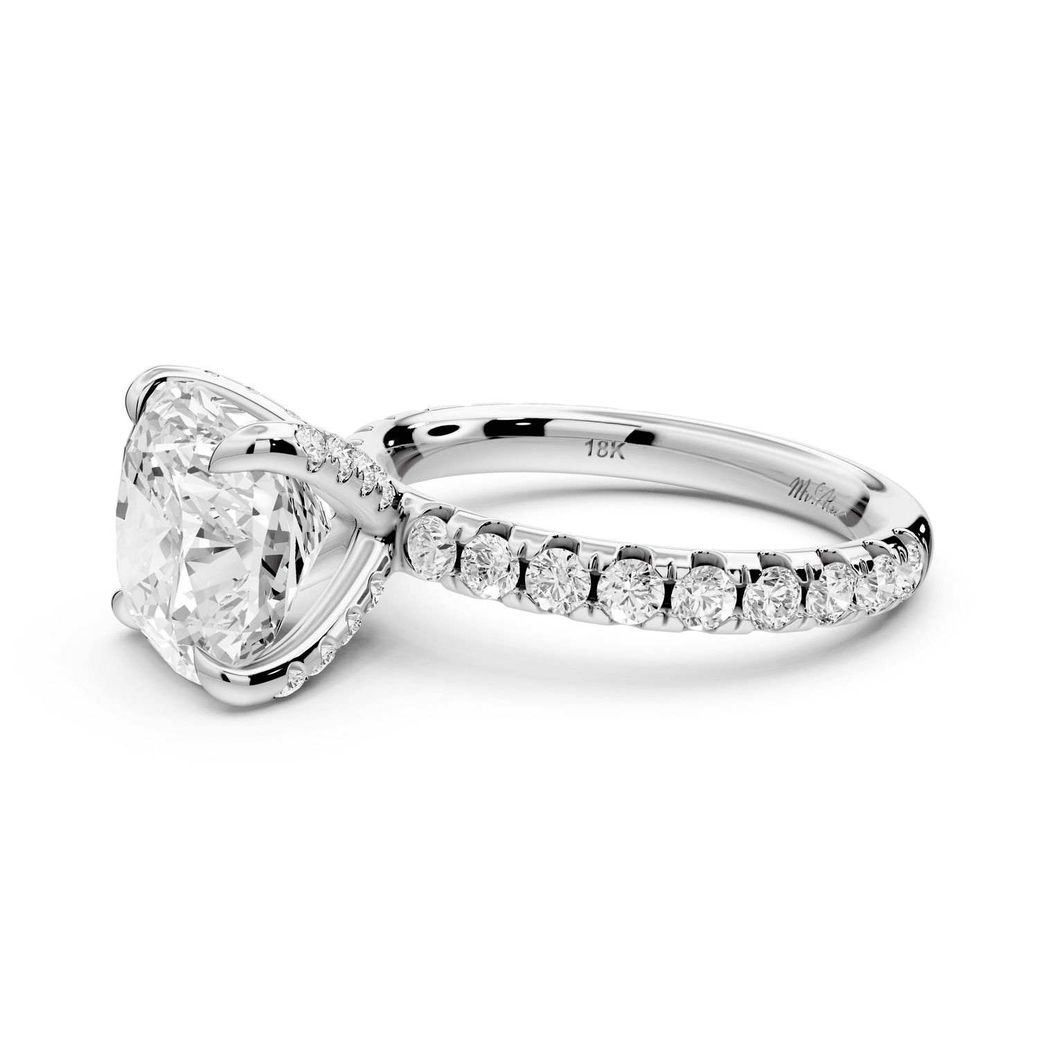 Elissa - 4ct 14k white gold Cushion Classic Solitaire Engagement Ring with Shared-Prong Pavé Band - Mr. Alex Jewelry