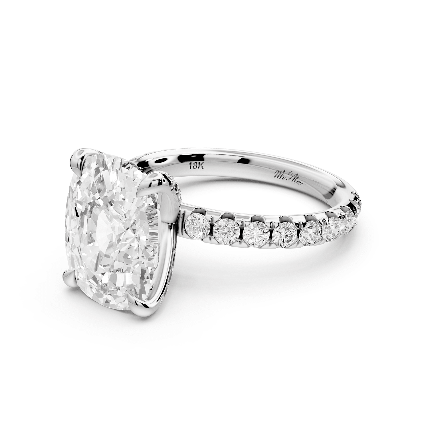 Elissa - 4ct 14k white gold Ecushion Classic Solitaire Engagement Ring with Shared-Prong Pavé Band - Mr. Alex Jewelry