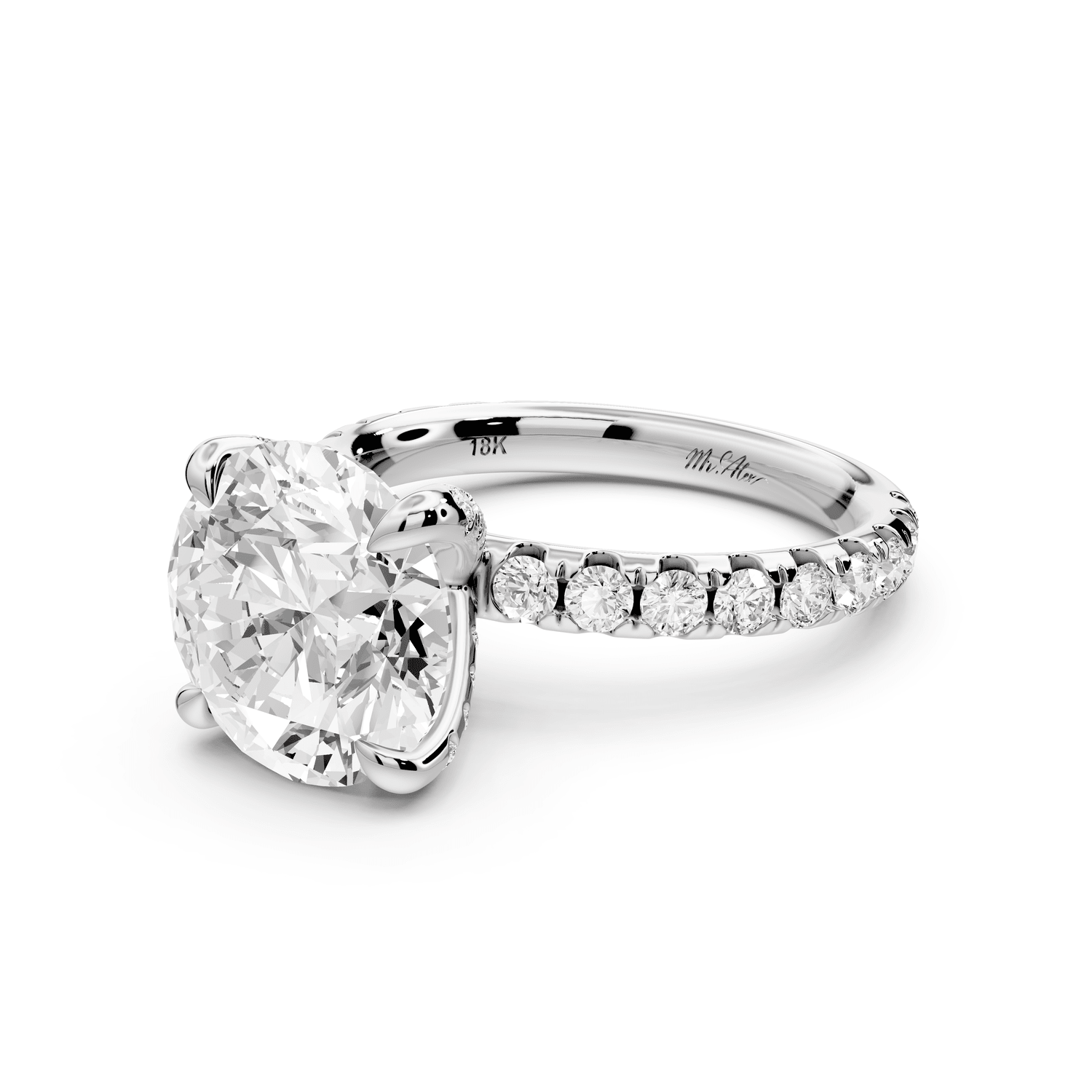 Elissa - 4ct 14k white gold Round Classic Solitaire Engagement Ring with Shared-Prong Pavé Band - Mr. Alex Jewelry