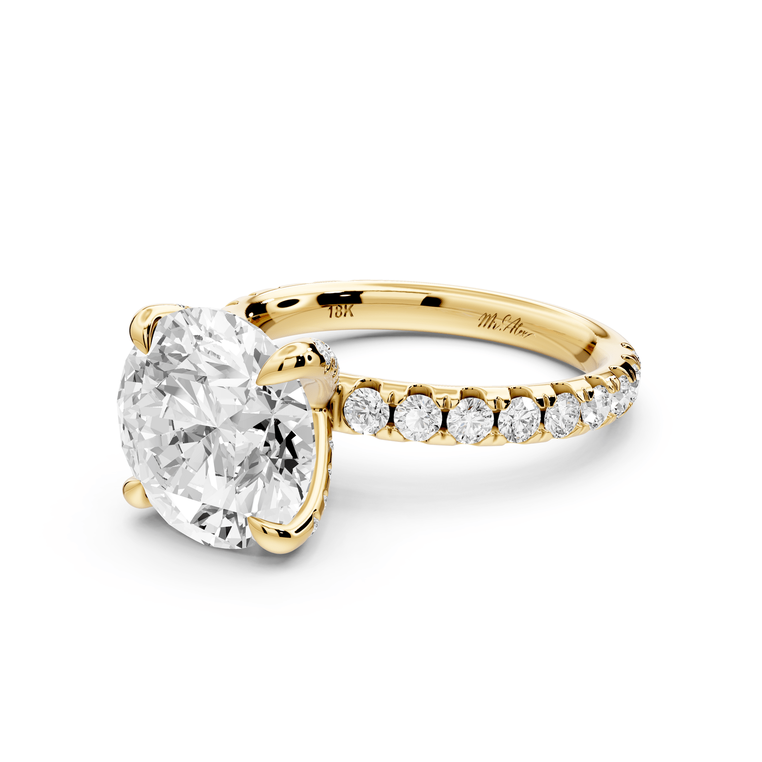 Elissa - 4ct 14k yellow gold Round Classic Solitaire Engagement Ring with Shared-Prong Pavé Band - Mr. Alex Jewelry