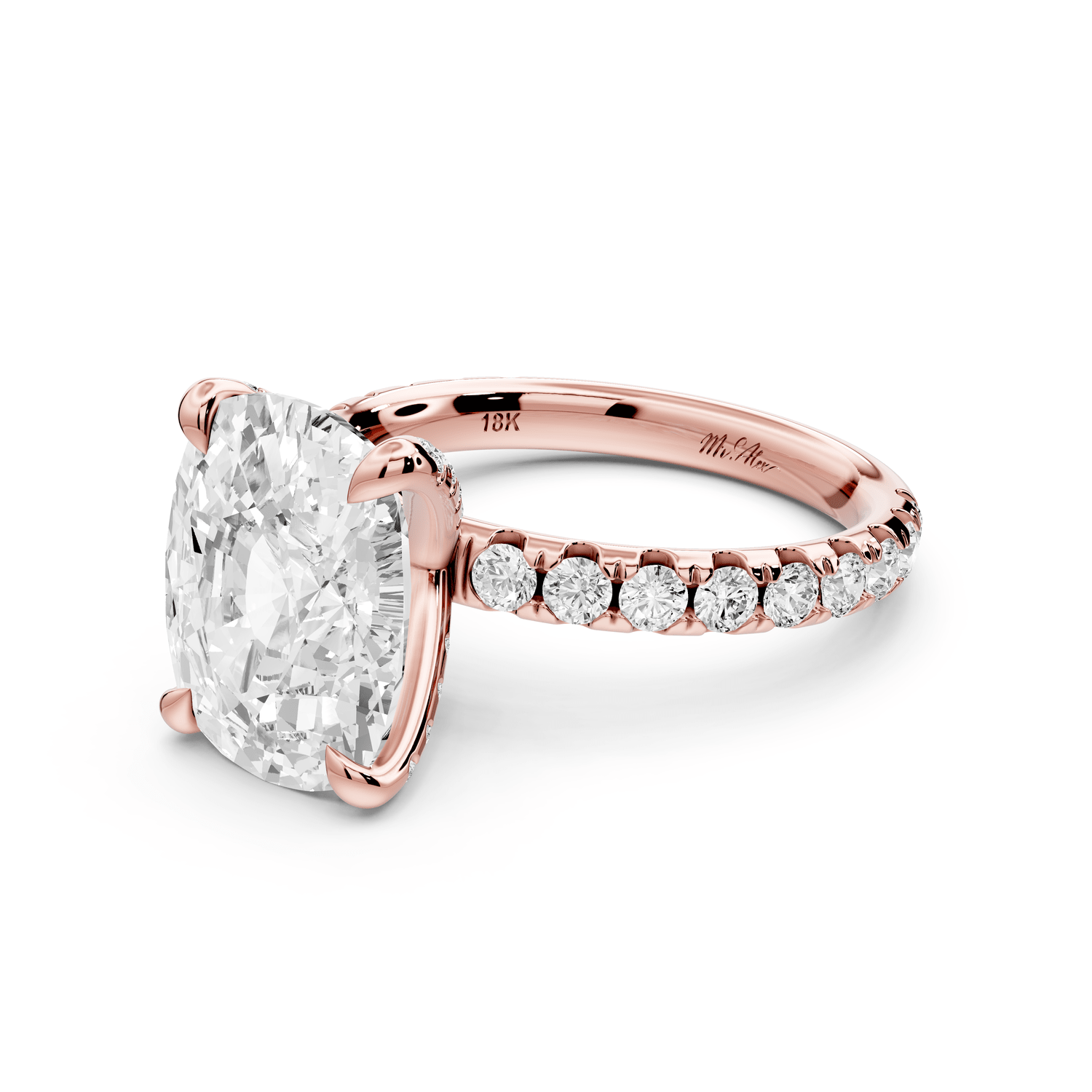 Elissa - 4ct 18k rose gold Ecushion Classic Solitaire Engagement Ring with Shared-Prong Pavé Band - Mr. Alex Jewelry