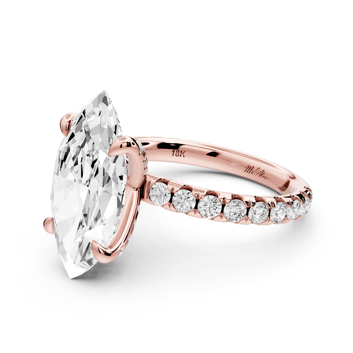 Elissa - 4ct 18k rose gold Marquise Classic Solitaire Engagement Ring with Shared-Prong Pavé Band - Mr. Alex Jewelry
