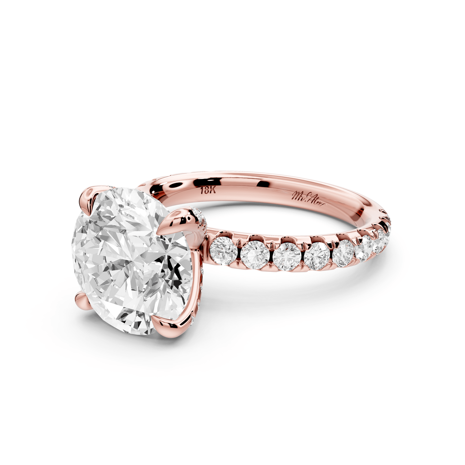 Elissa - 4ct 18k rose gold Round Classic Solitaire Engagement Ring with Shared-Prong Pavé Band - Mr. Alex Jewelry