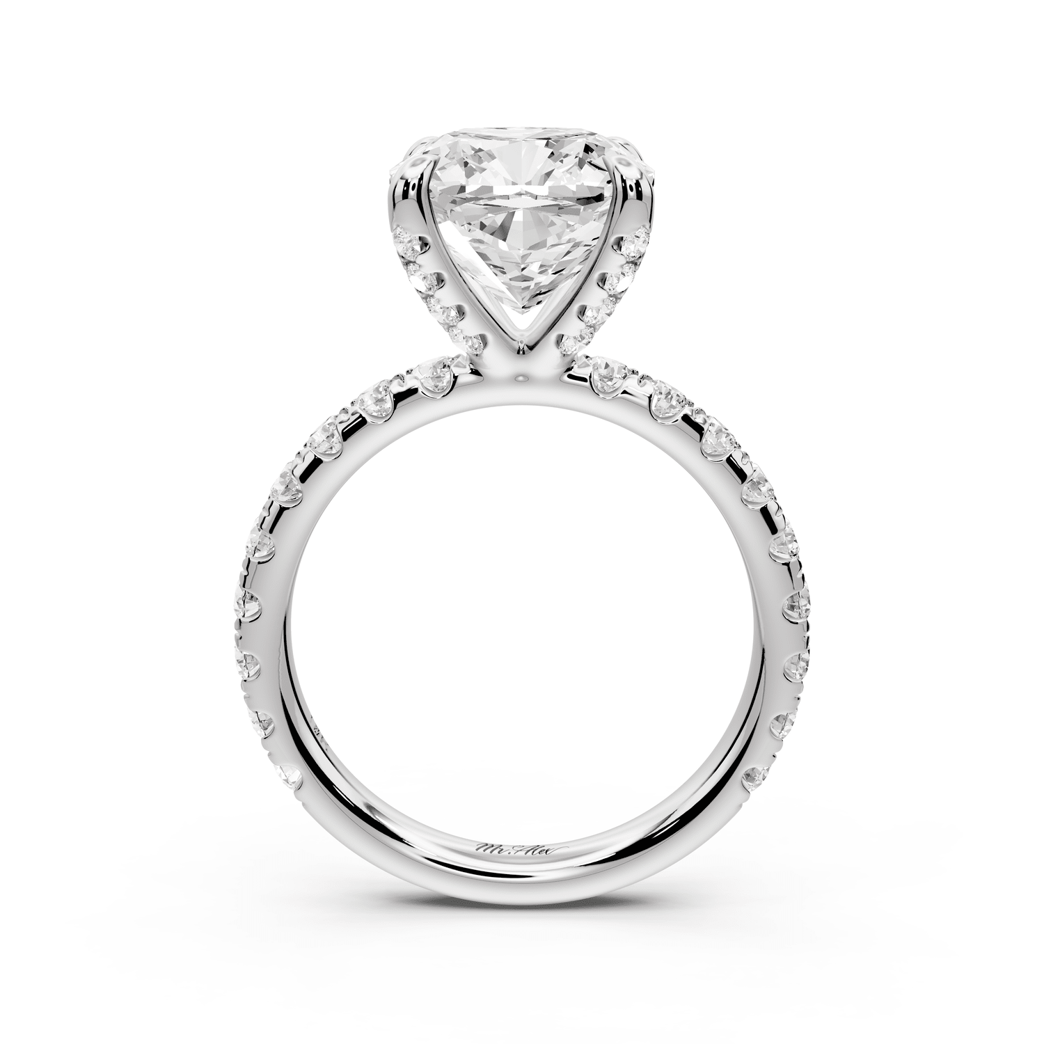 Elissa - 4ct 18k white gold Cushion Classic Solitaire Engagement Ring with Shared-Prong Pavé Band - Mr. Alex Jewelry