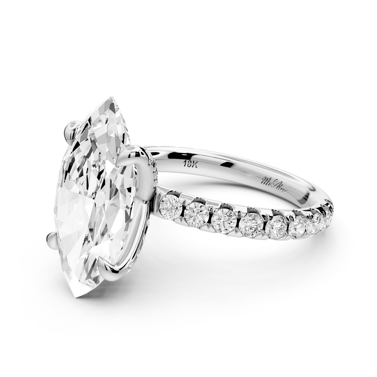 Elissa - 4ct 18k white gold Marquise Classic Solitaire Engagement Ring with Shared-Prong Pavé Band - Mr. Alex Jewelry