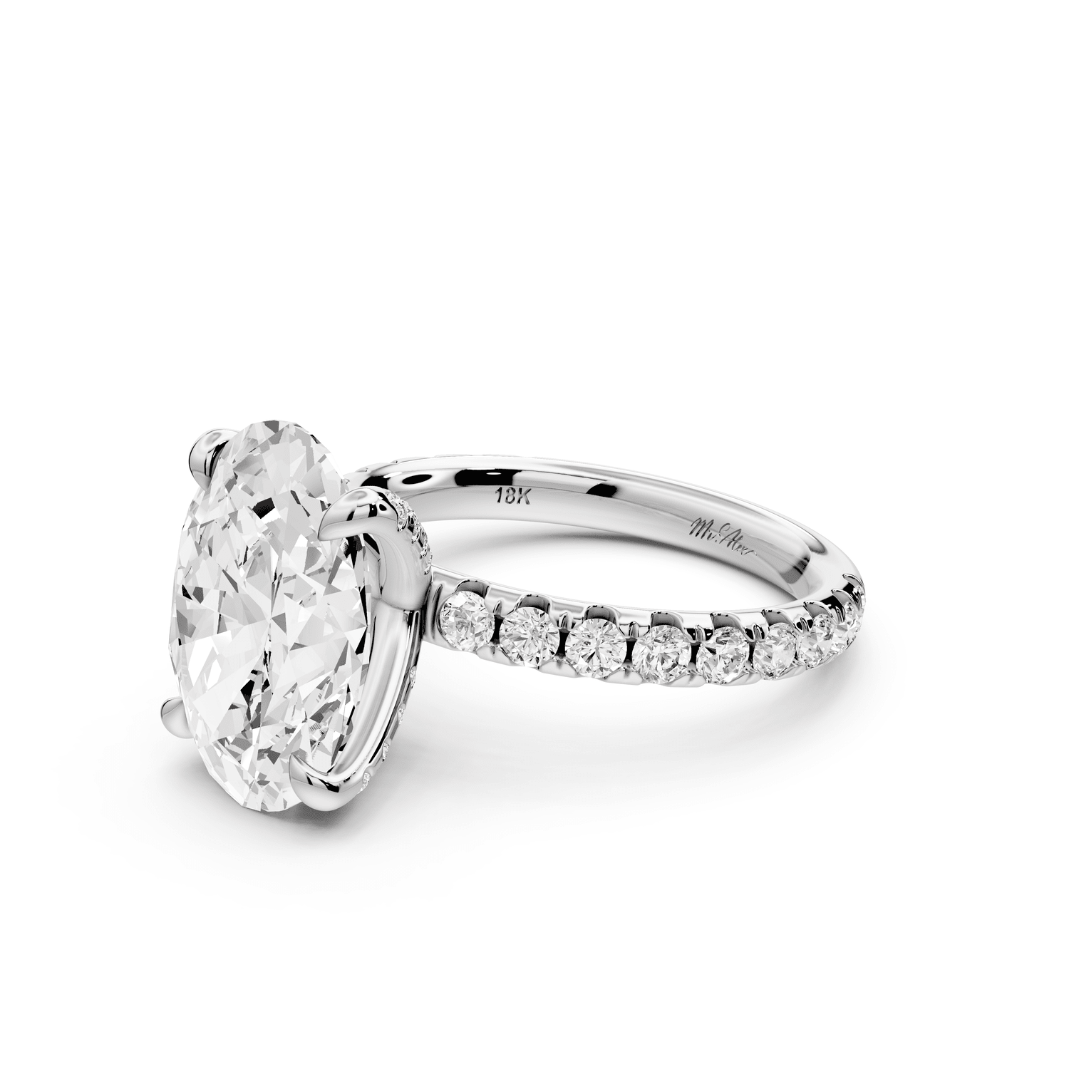 Elissa - 4ct 18k white gold Oval Classic Solitaire Engagement Ring with Shared-Prong Pavé Band - Mr. Alex Jewelry