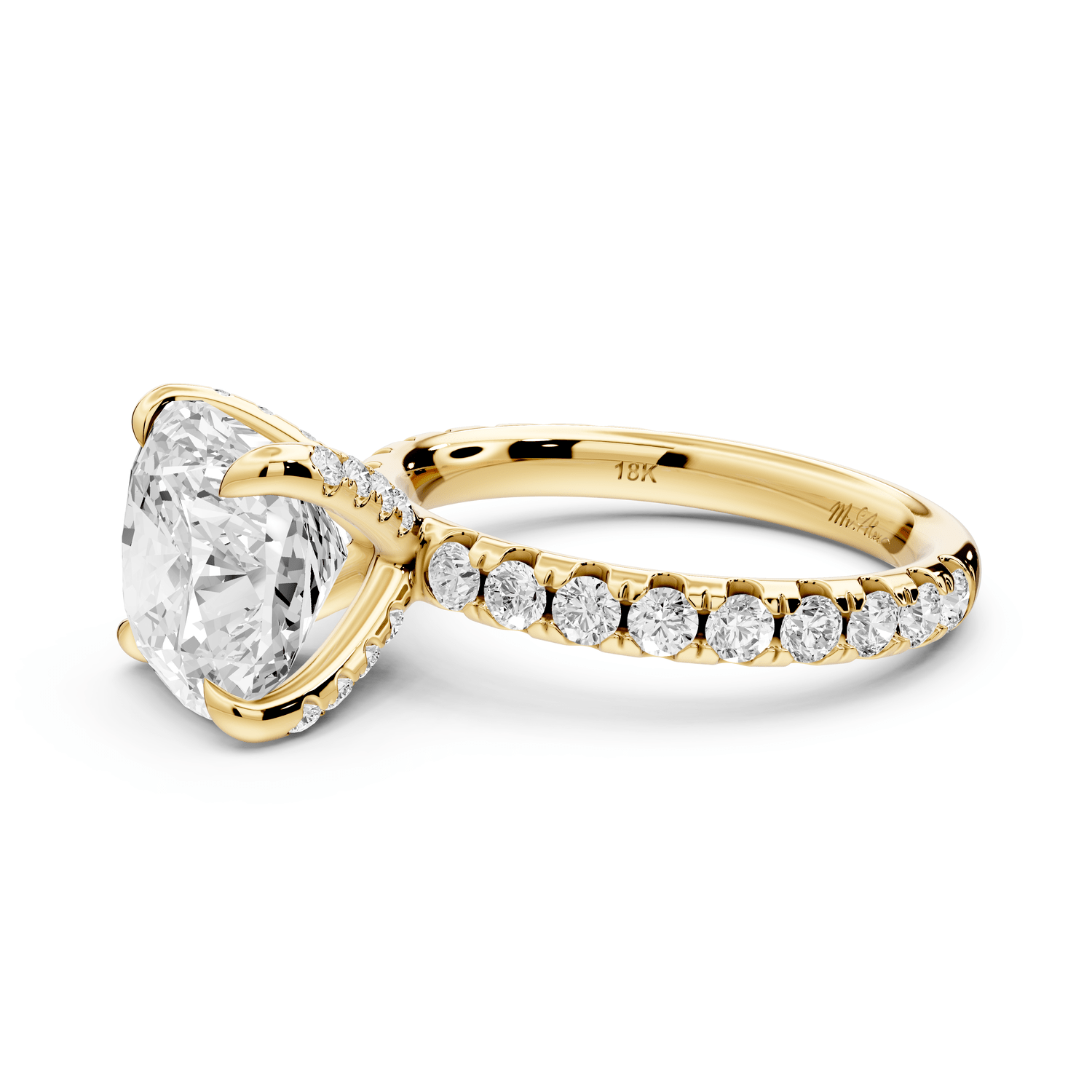 Elissa - 4ct 18k yellow gold Cushion Classic Solitaire Engagement Ring with Shared-Prong Pavé Band - Mr. Alex Jewelry