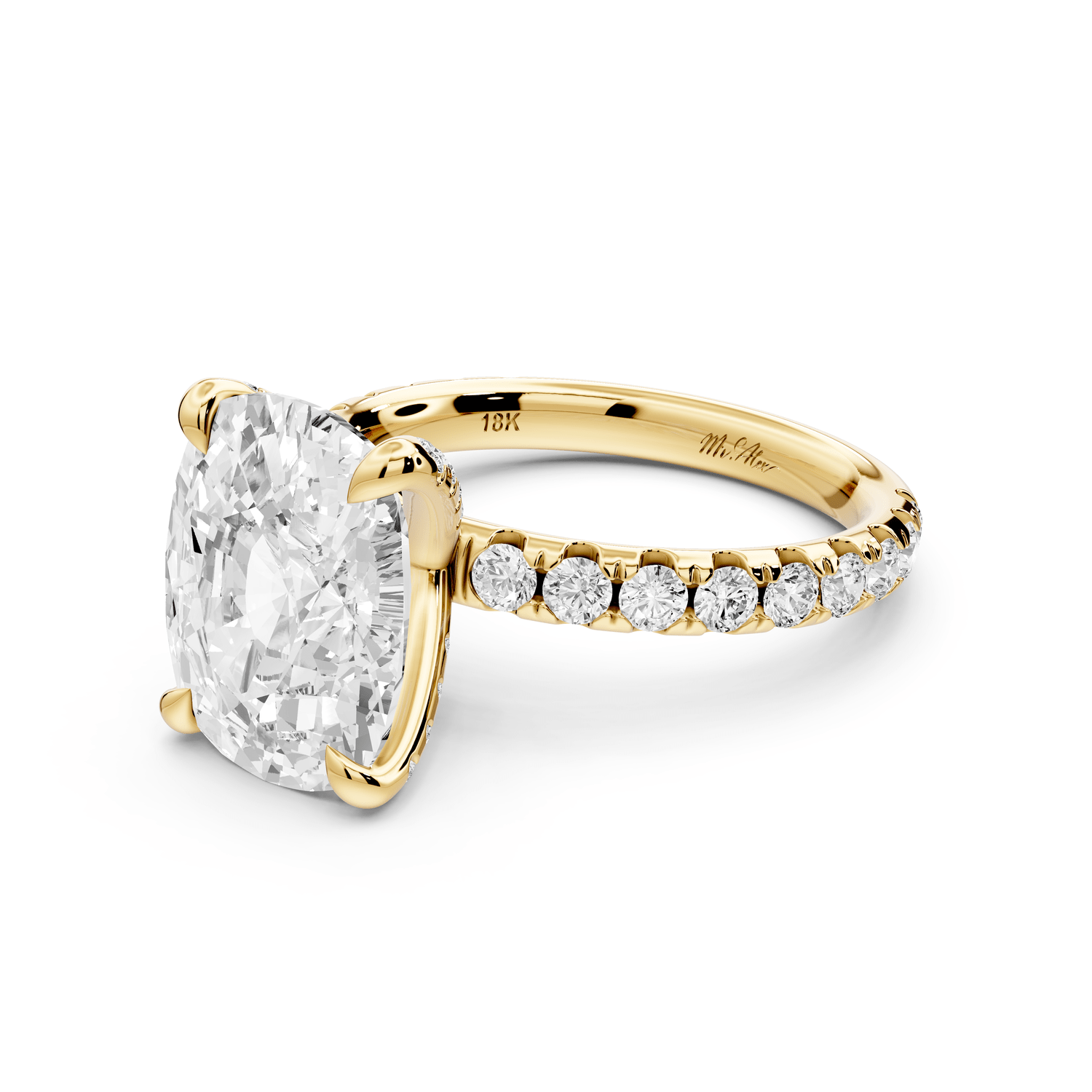 Elissa - 4ct 18k yellow gold Ecushion Classic Solitaire Engagement Ring with Shared-Prong Pavé Band - Mr. Alex Jewelry