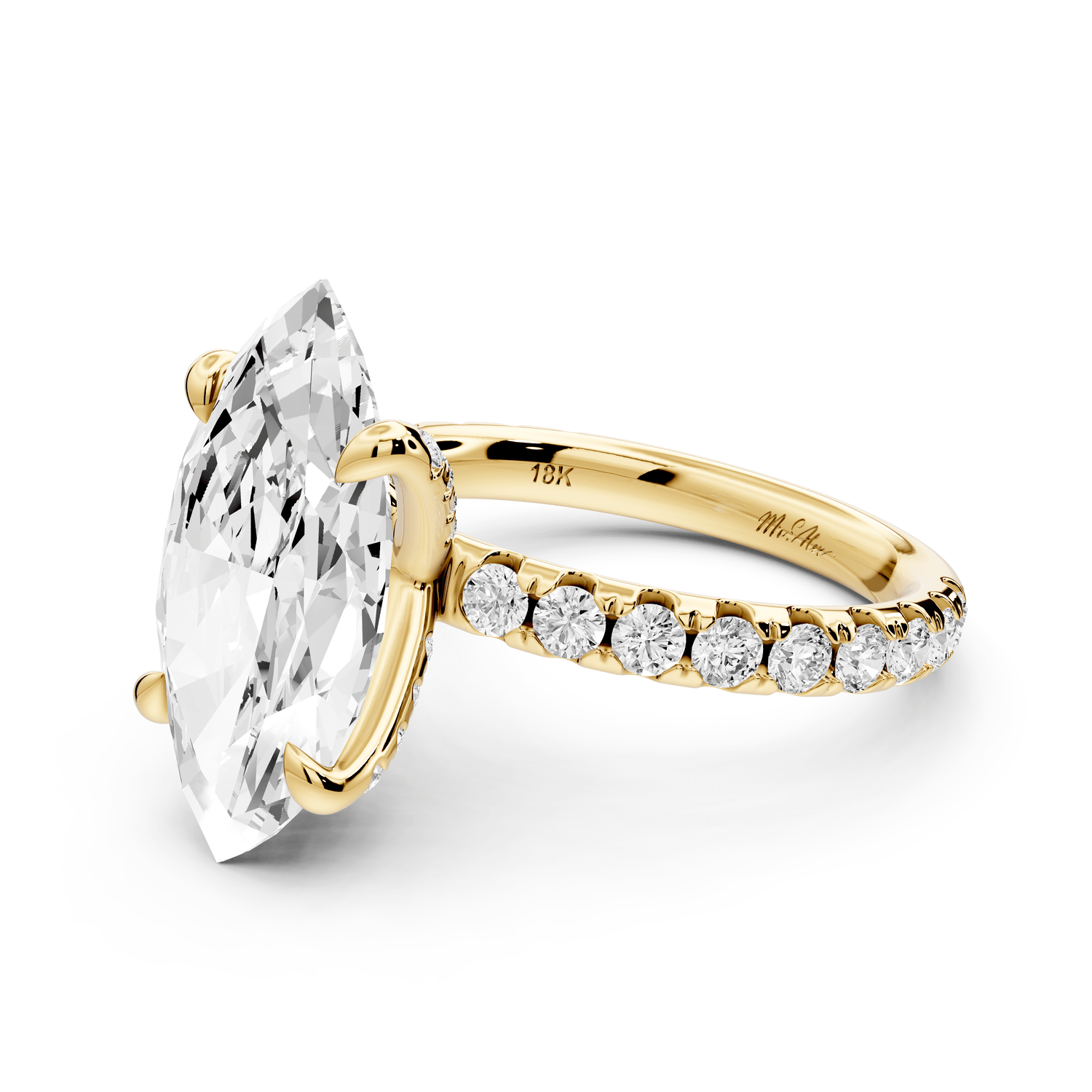 Elissa - 4ct 18k yellow gold Marquise Classic Solitaire Engagement Ring with Shared-Prong Pavé Band - Mr. Alex Jewelry