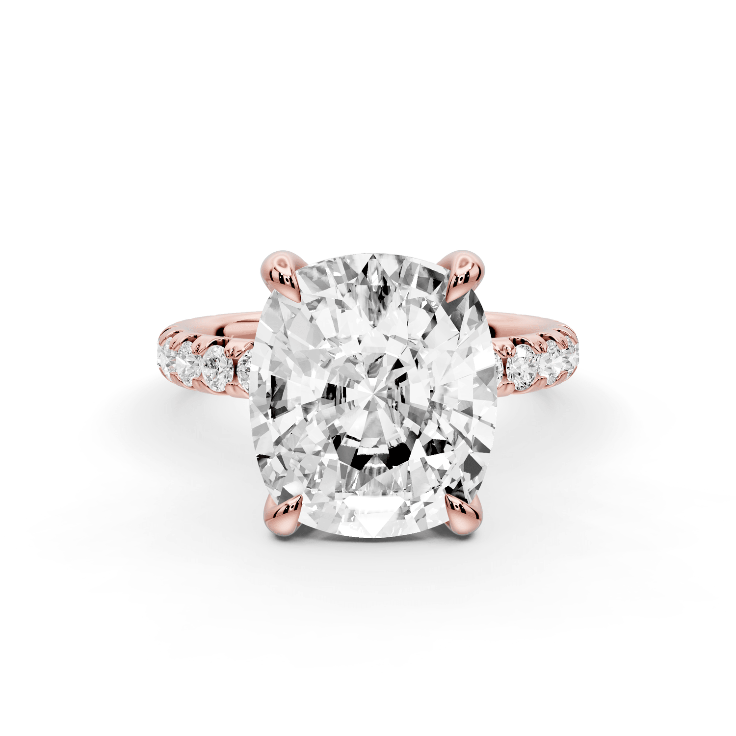 Elissa - 5ct 14k rose gold Ecushion Classic Solitaire Engagement Ring with Shared-Prong Pavé Band - Mr. Alex Jewelry