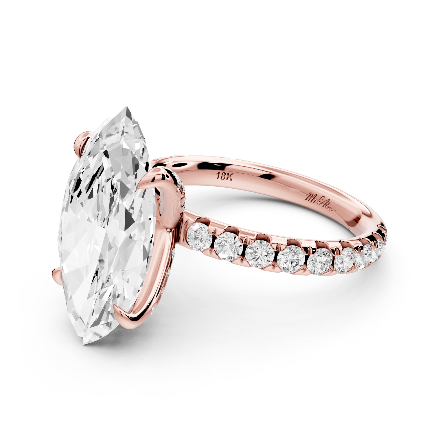 Elissa - 5ct 14k rose gold Marquise Classic Solitaire Engagement Ring with Shared-Prong Pavé Band - Mr. Alex Jewelry