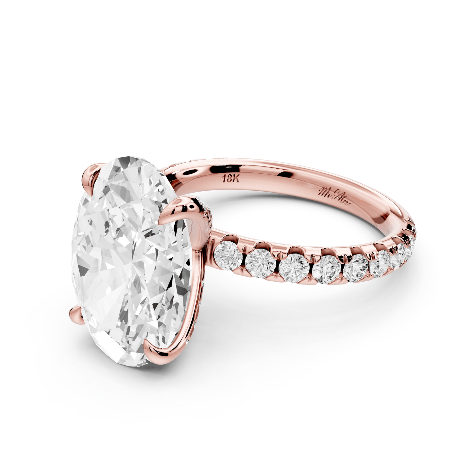 Elissa - 5ct 14k rose gold Oval Classic Solitaire Engagement Ring with Shared-Prong Pavé Band - Mr. Alex Jewelry
