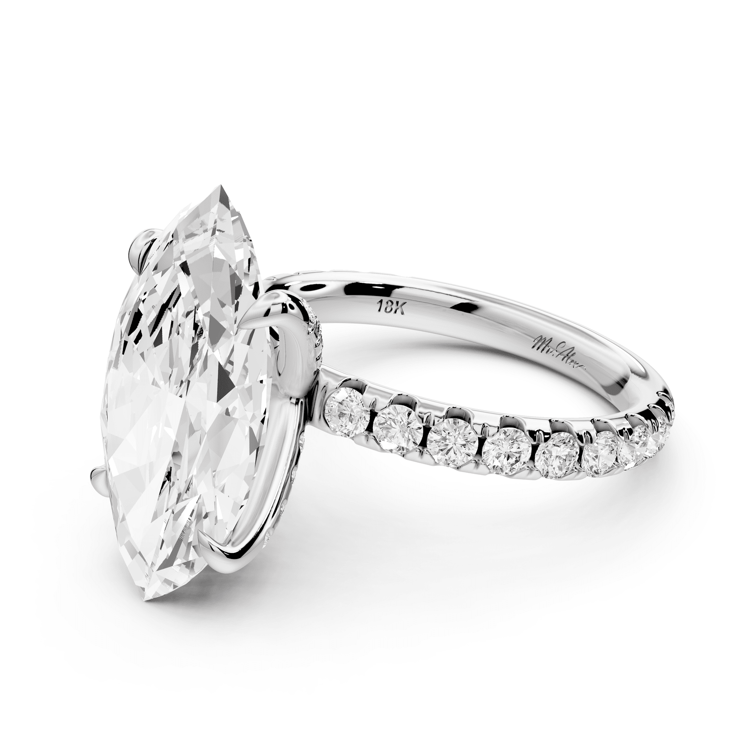 Elissa - 5ct 14k white gold Marquise Classic Solitaire Engagement Ring with Shared-Prong Pavé Band - Mr. Alex Jewelry