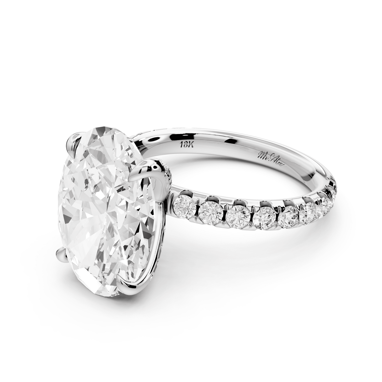 Elissa - 5ct 14k white gold Oval Classic Solitaire Engagement Ring with Shared-Prong Pavé Band - Mr. Alex Jewelry