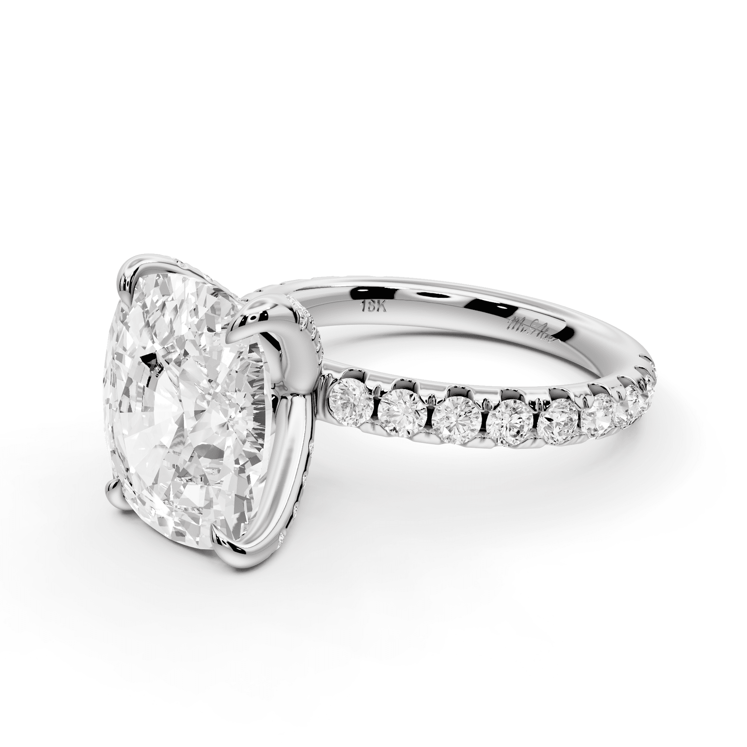 Elissa - 5ct 18k white gold Ecushion Classic Solitaire Engagement Ring with Shared-Prong Pavé Band - Mr. Alex Jewelry
