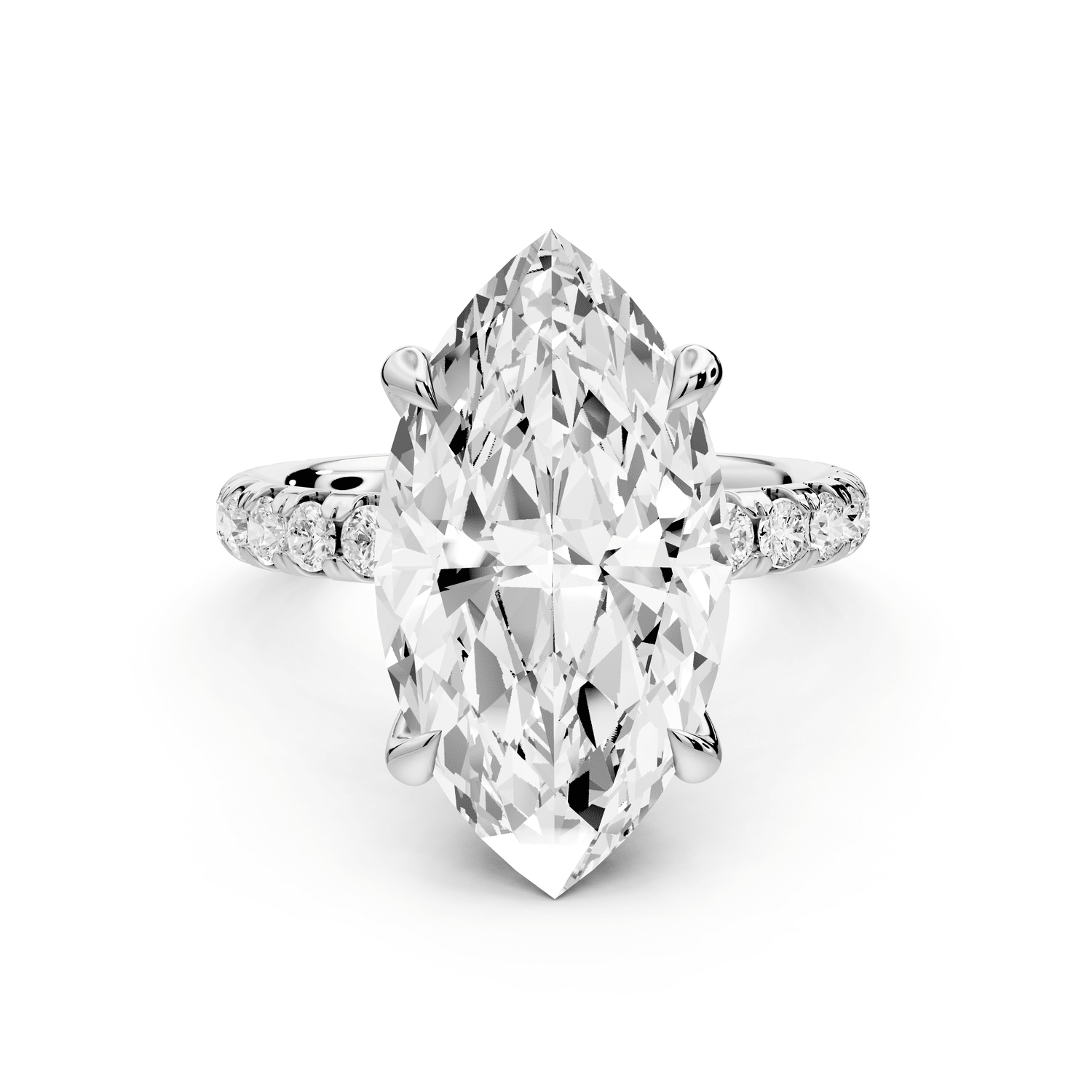 Elissa - 5ct 18k white gold Marquise Classic Solitaire Engagement Ring with Shared-Prong Pavé Band - Mr. Alex Jewelry