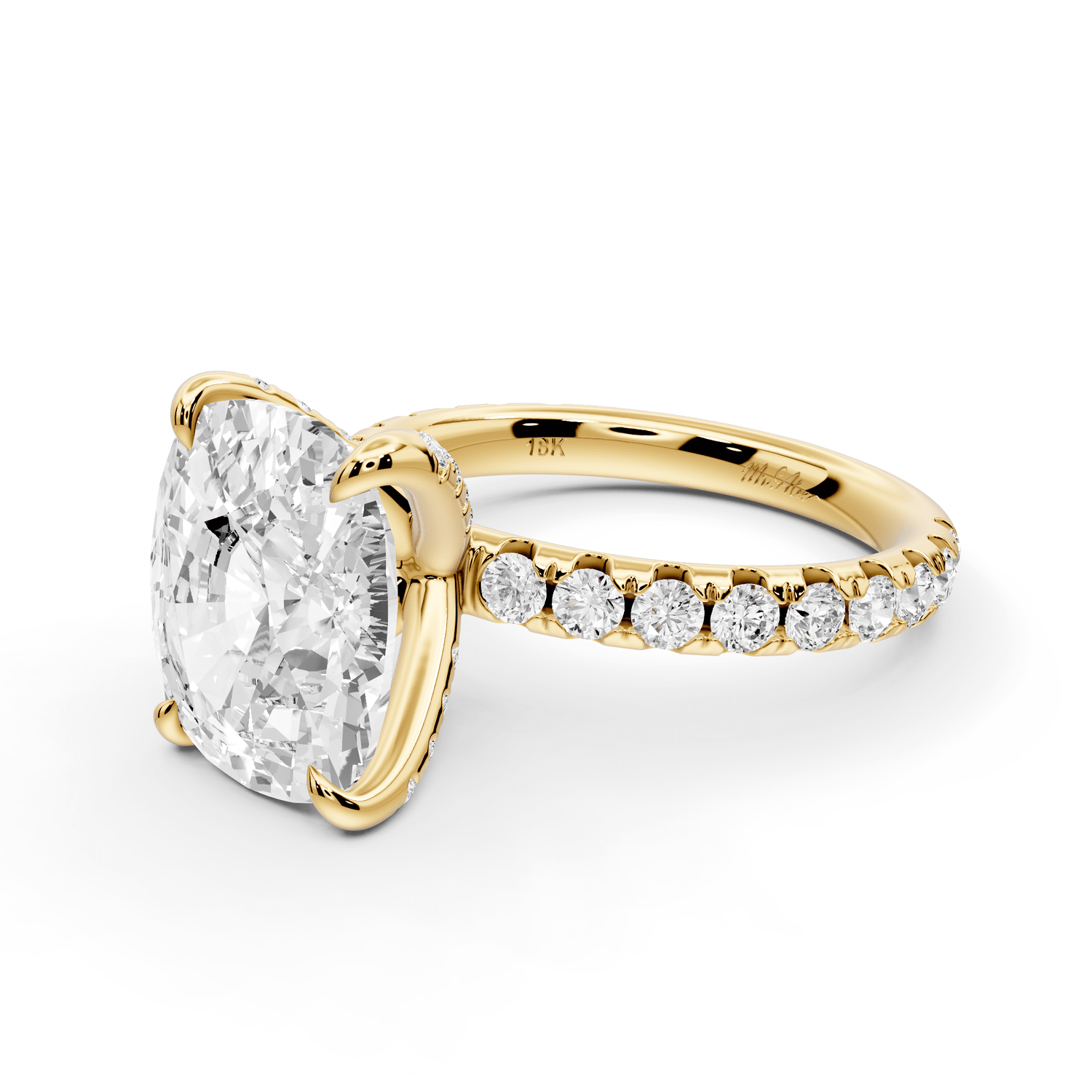 Elissa - 5ct 18k yellow gold Ecushion Classic Solitaire Engagement Ring with Shared-Prong Pavé Band - Mr. Alex Jewelry
