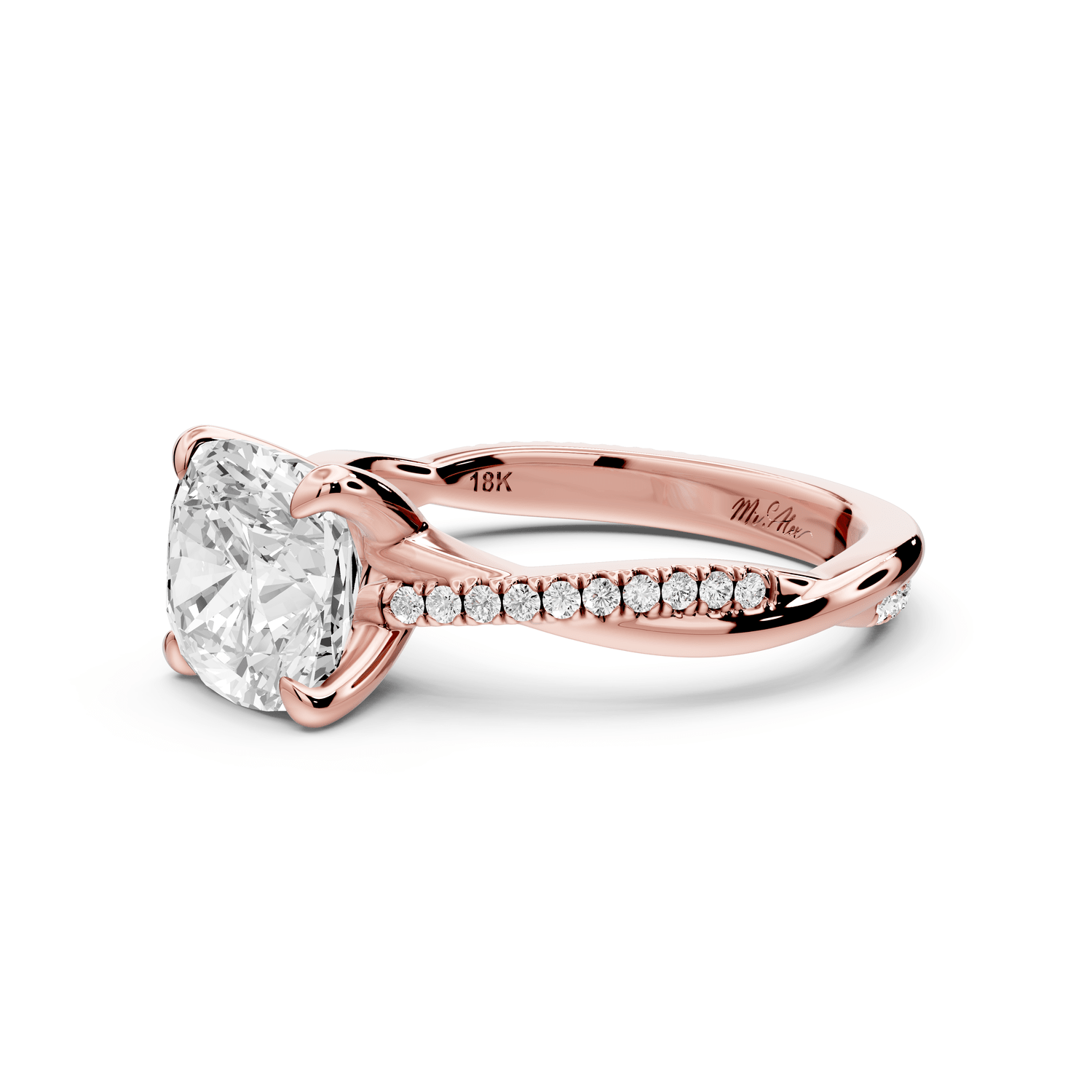 Ella - 2ct 14k rose gold Cushion Classic Solitaire Engagement Ring with Shared-Prong Pavé Band - Mr. Alex Jewelry