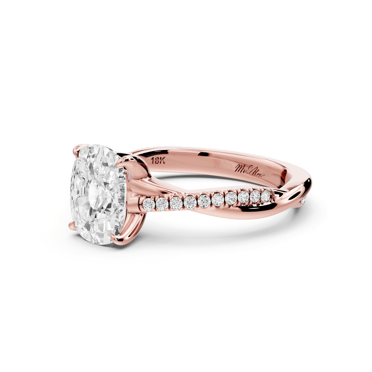 Ella - 2ct 14k rose gold Ecushion Classic Solitaire Engagement Ring with Shared-Prong Pavé Band - Mr. Alex Jewelry