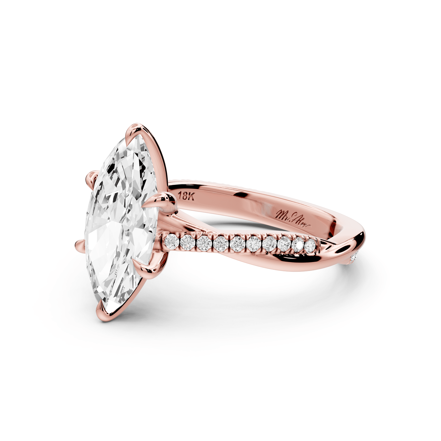 Ella - 2ct 14k rose gold Marquise Classic Solitaire Engagement Ring with Shared-Prong Pavé Band - Mr. Alex Jewelry