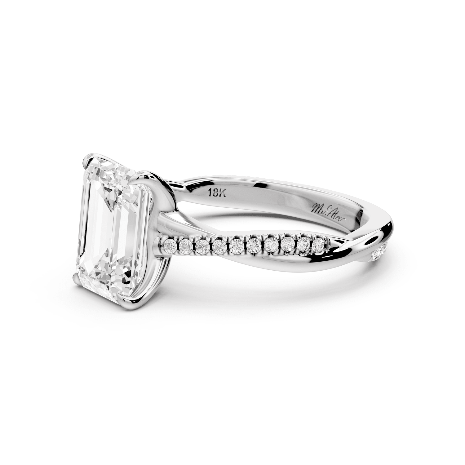 Ella - 2ct 14k white gold Emerald Classic Solitaire Engagement Ring with Shared-Prong Pavé Band - Mr. Alex Jewelry