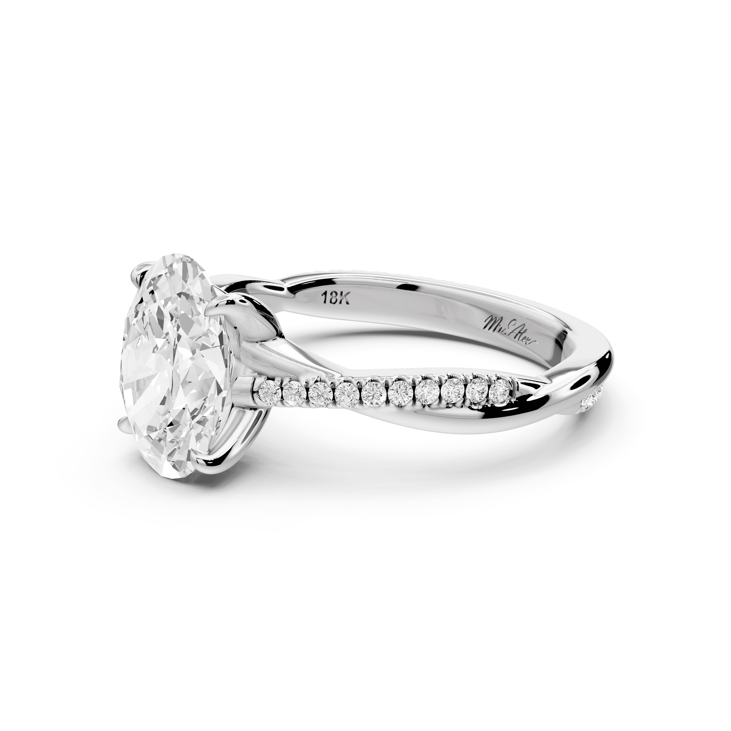 Ella - 2ct 14k white gold Oval Classic Solitaire Engagement Ring with Shared-Prong Pavé Band - Mr. Alex Jewelry