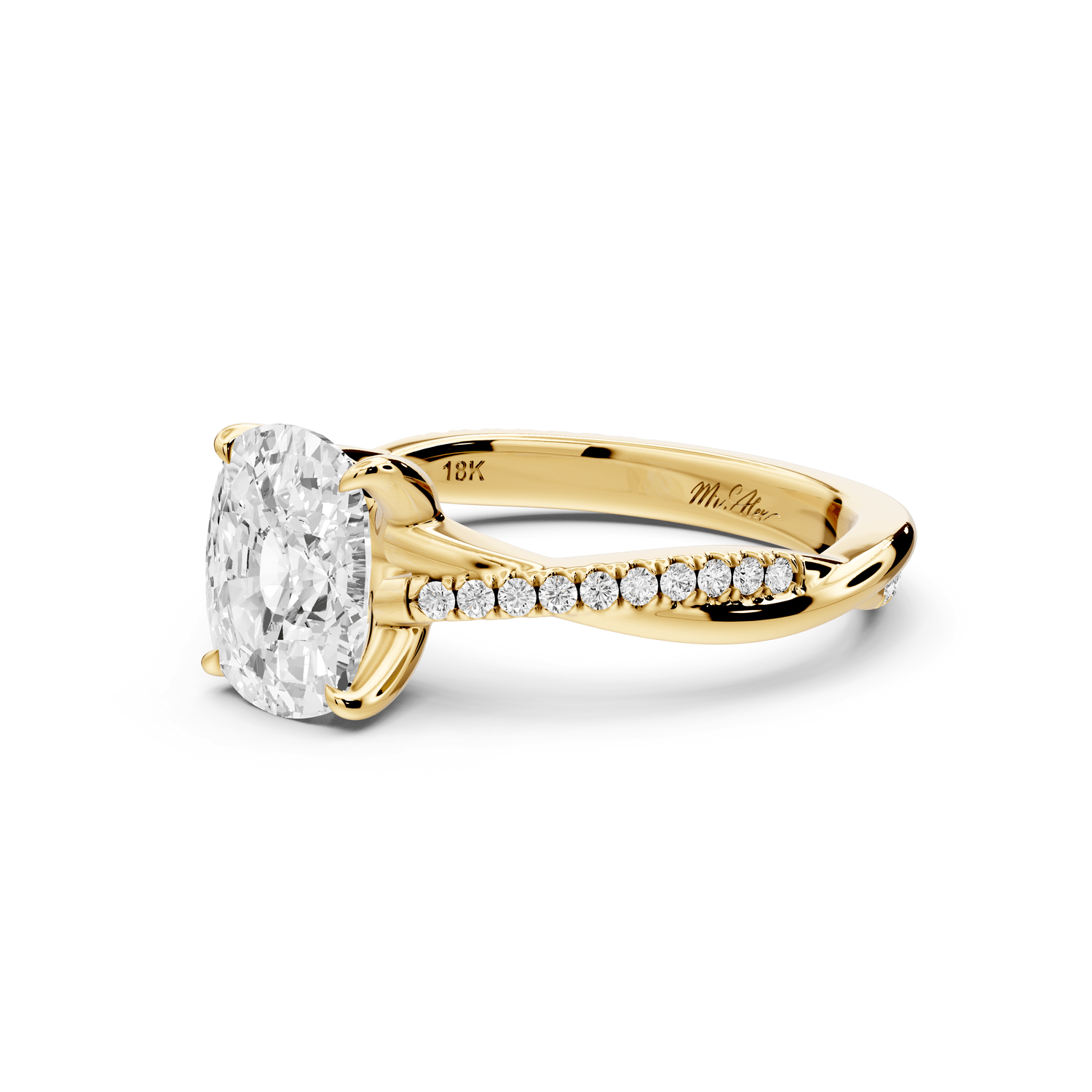 Ella - 2ct 14k yellow gold Ecushion Classic Solitaire Engagement Ring with Shared-Prong Pavé Band - Mr. Alex Jewelry
