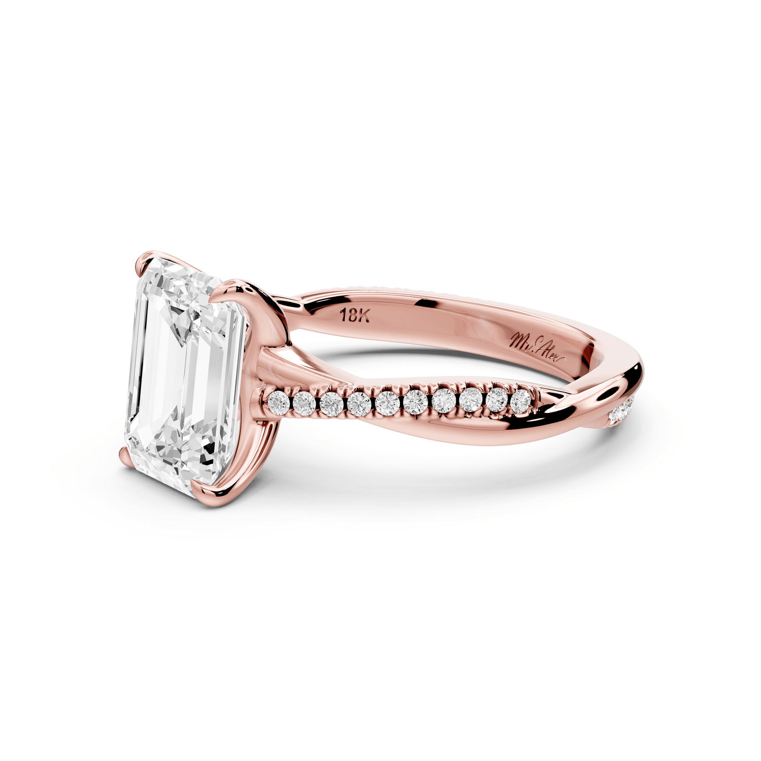 Ella - 2ct 18k rose gold Emerald Classic Solitaire Engagement Ring with Shared-Prong Pavé Band - Mr. Alex Jewelry