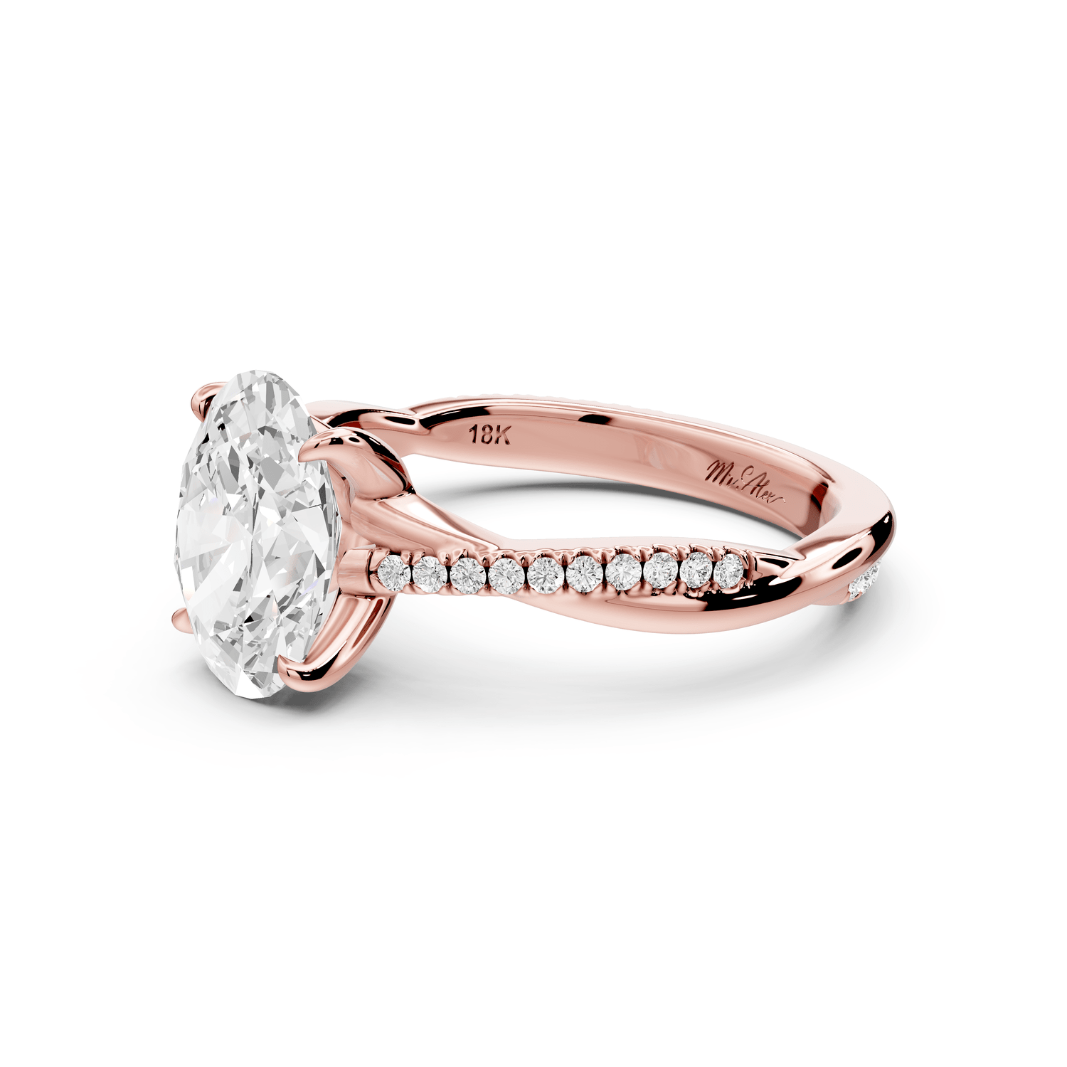 Ella - 2ct 18k rose gold Oval Classic Solitaire Engagement Ring with Shared-Prong Pavé Band - Mr. Alex Jewelry