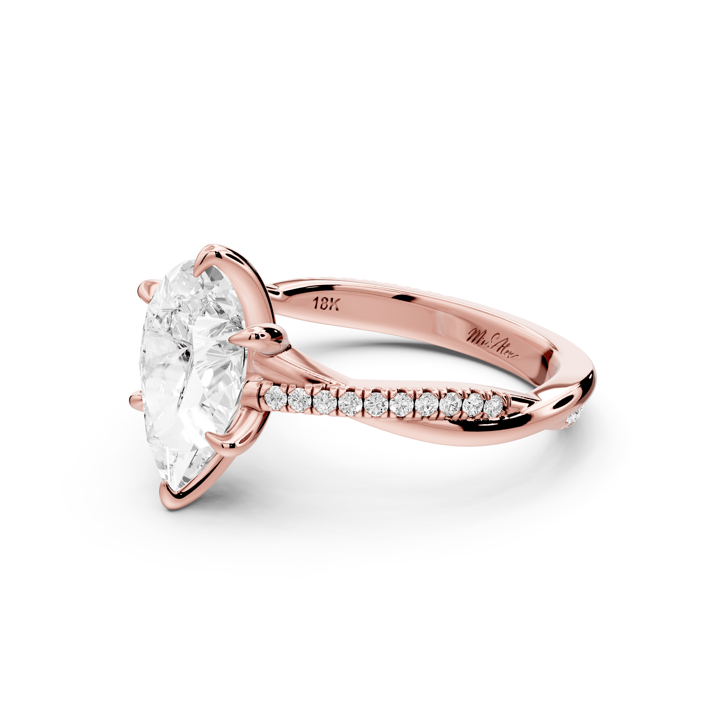Ella - 2ct 18k rose gold Pear Classic Solitaire Engagement Ring with Shared-Prong Pavé Band - Mr. Alex Jewelry