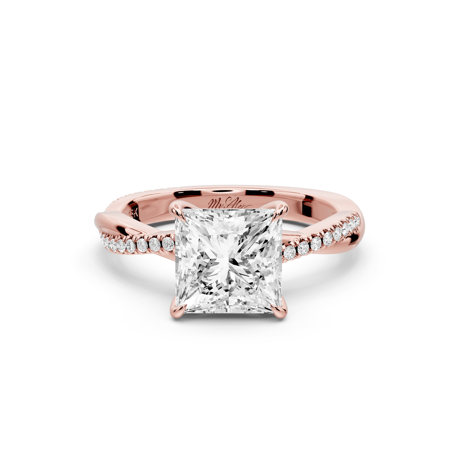 Ella - 2ct 18k rose gold Princess Classic Solitaire Engagement Ring with Shared-Prong Pavé Band - Mr. Alex Jewelry